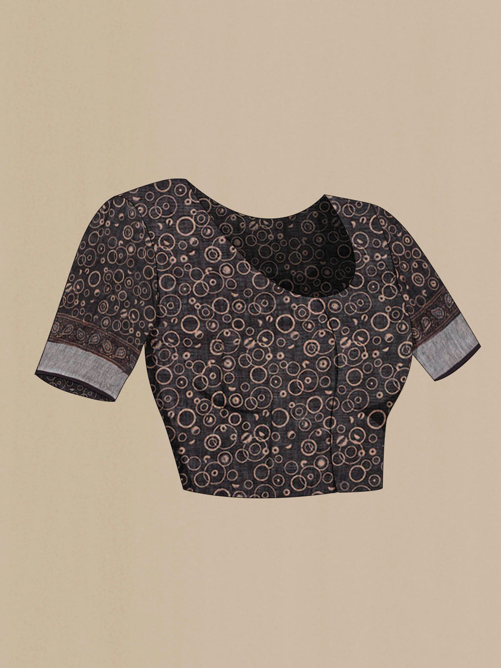 Close up image of the blouse of Black Bhagalpuri Tussar Silk Saree with Printed design on the body and Zari Border