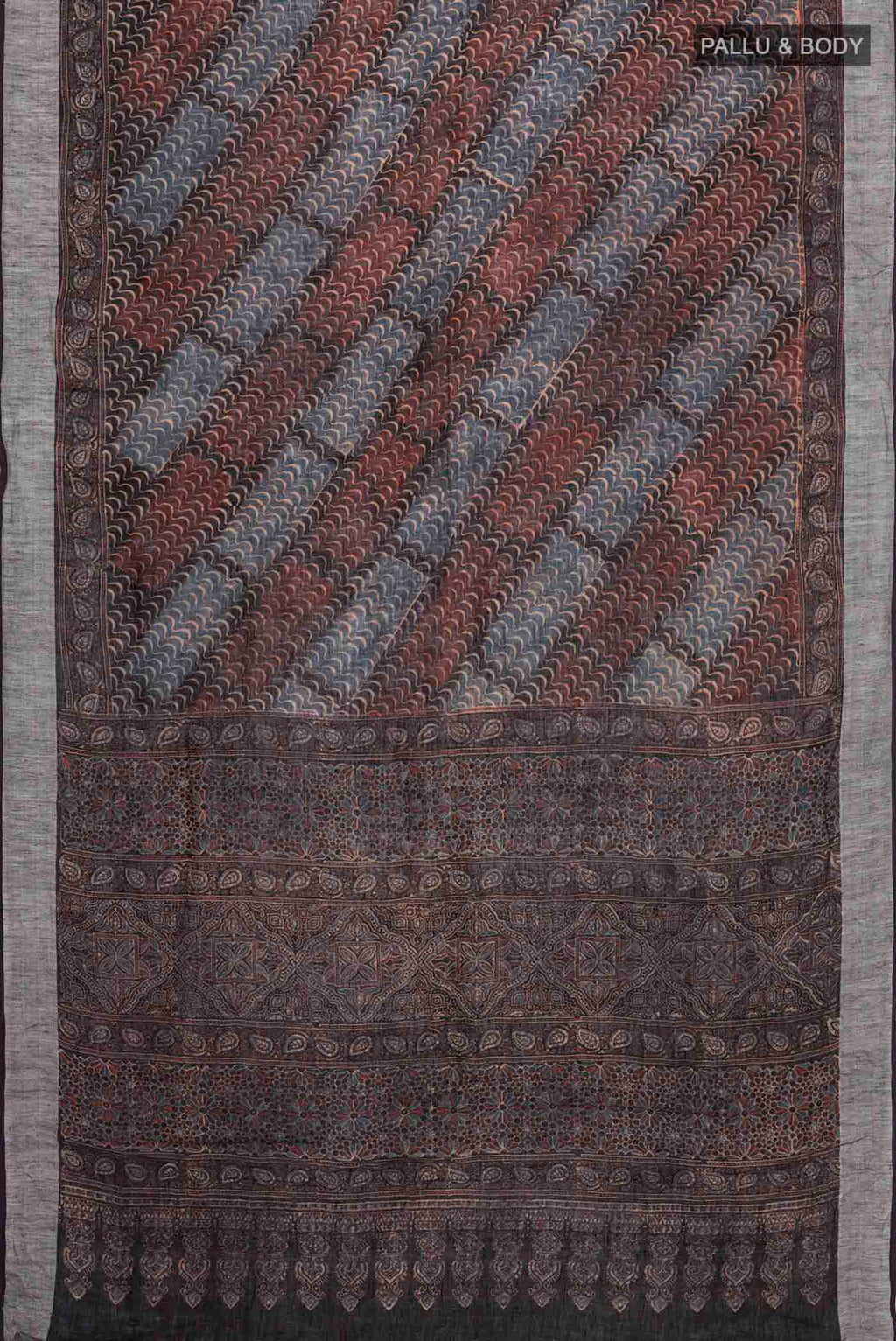 Flat view of Black Bhagalpuri Tussar Silk Saree with Printed design on the body and Zari Border