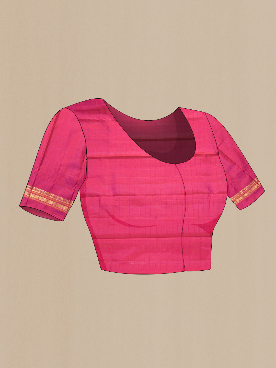 Close up image of the blouse of Sandal Dual Tone Linen Saree with Checked design on the body and Zari Border. 