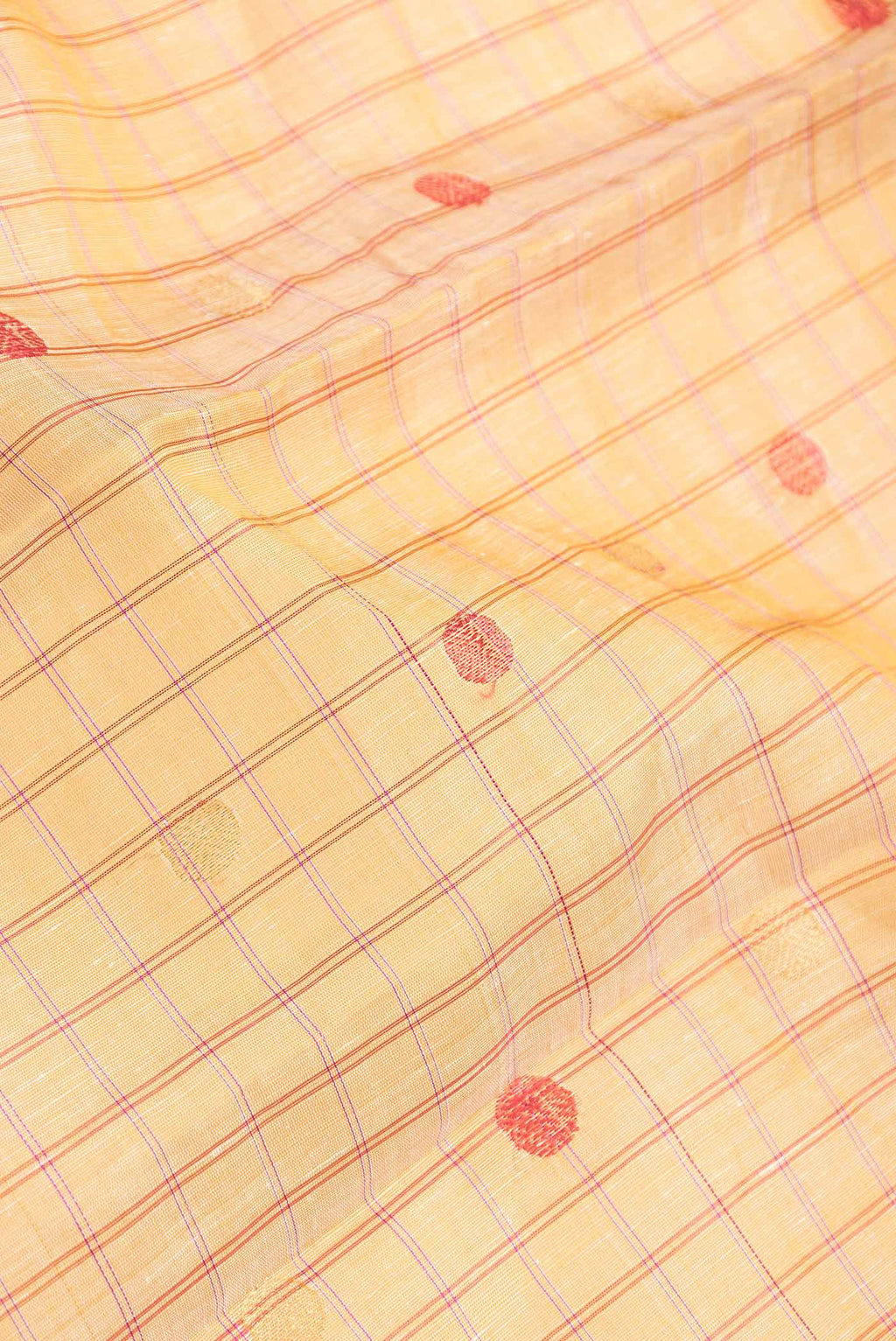 Close up of Sandal Dual Tone Linen Saree with Checked design on the body and Zari Border.  displaying folds
