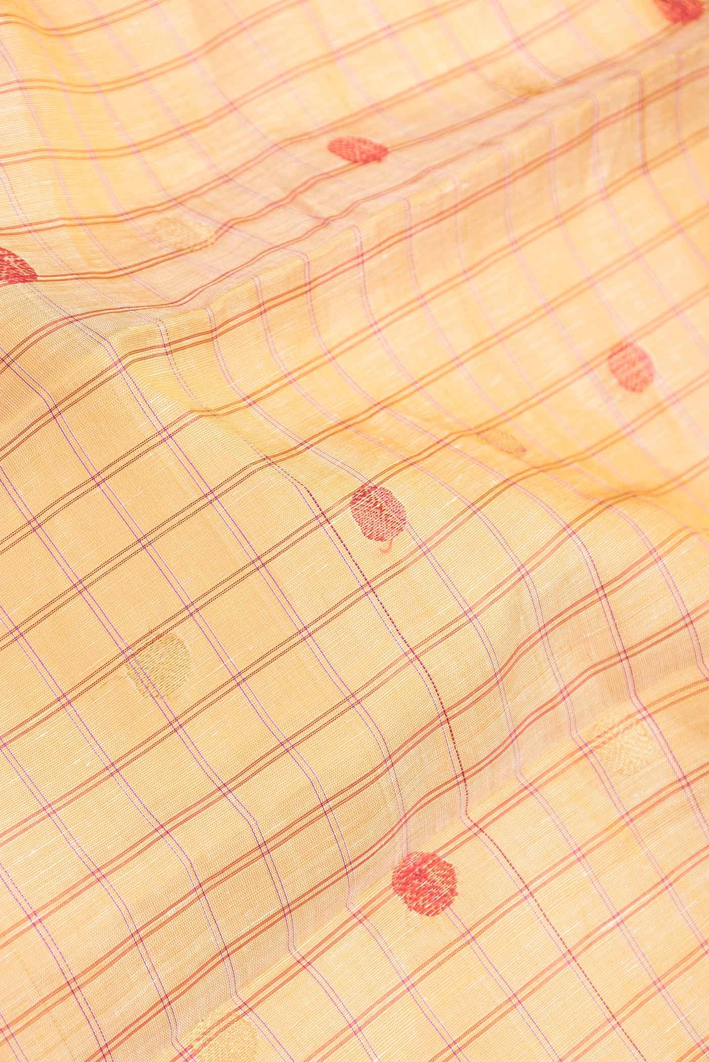 Close up of Sandal Dual Tone Linen Saree with Checked design on the body and Zari Border.  displaying folds