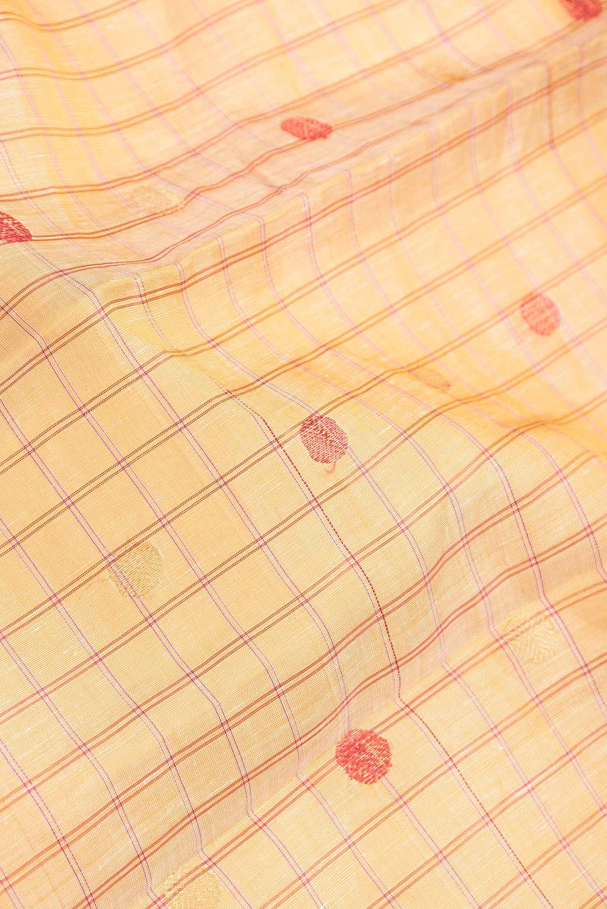 Close up of Sandal Dual Tone Linen Saree with Checked design on the body and Zari Border.  displaying folds