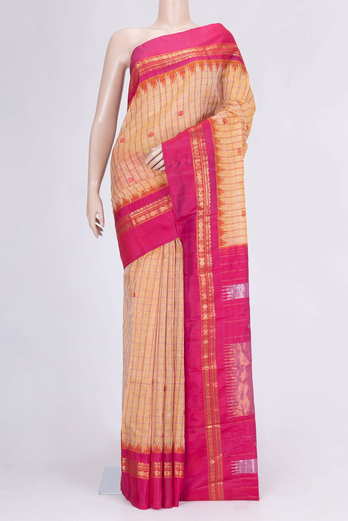 Sandal Dual Tone Linen Saree with Checked design on the body and Zari Border.  displayed on a mannequin