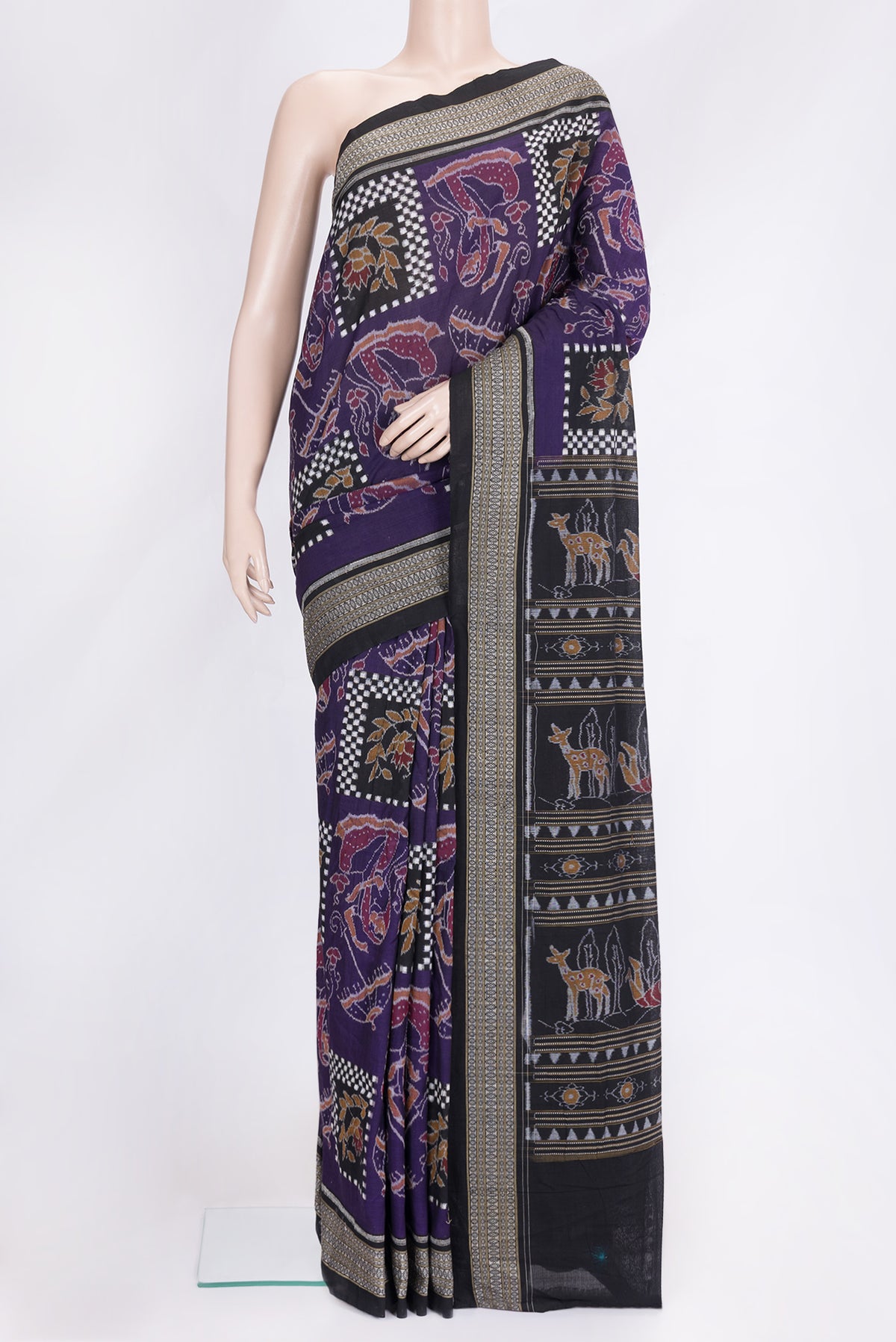Purple Dual Tone Double Ikat Saree with Ikat Print on the body and Thread Border.  displayed on a mannequin