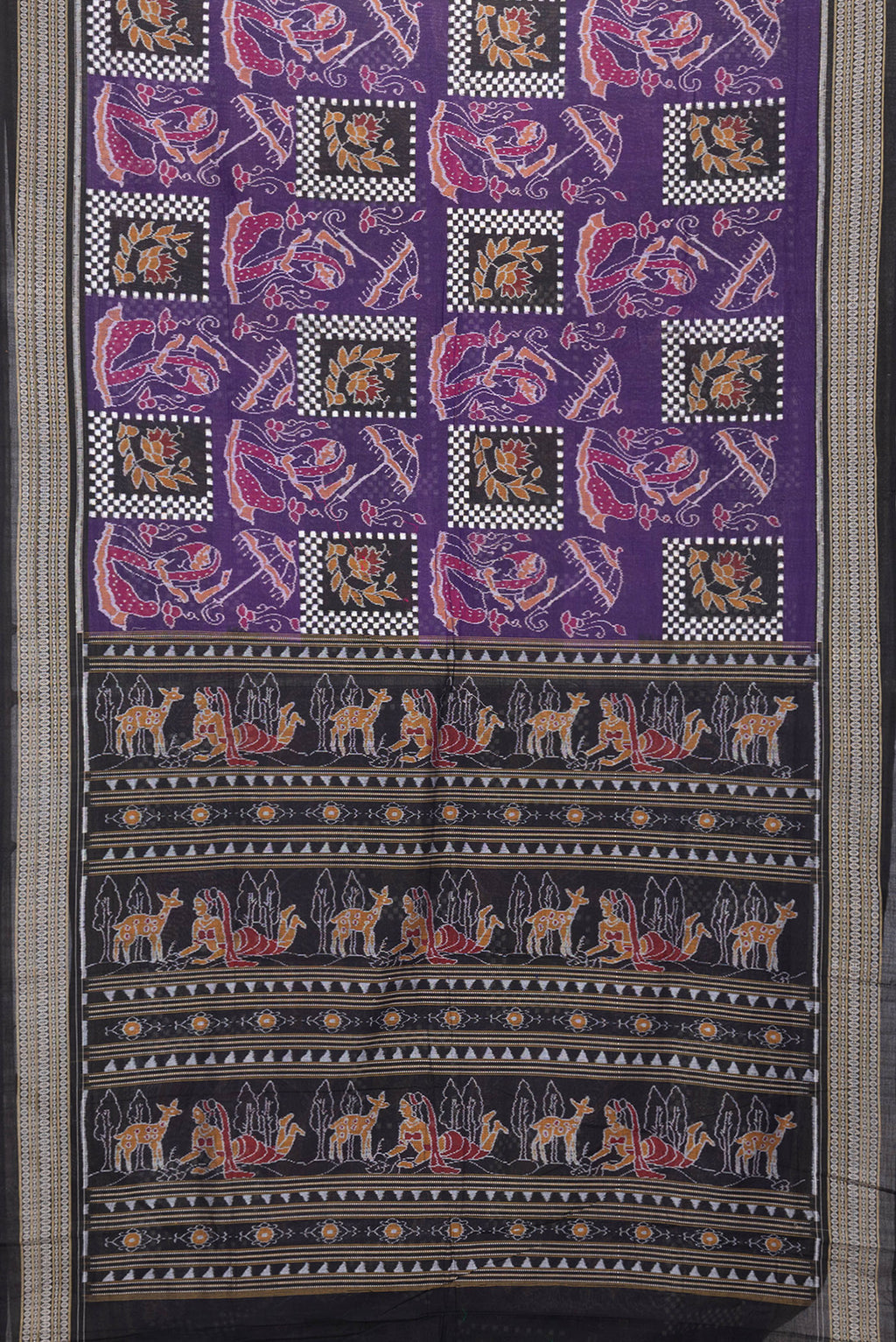 Flat view of Purple Dual Tone Double Ikat Saree with Ikat Print on the body and Thread Border. 