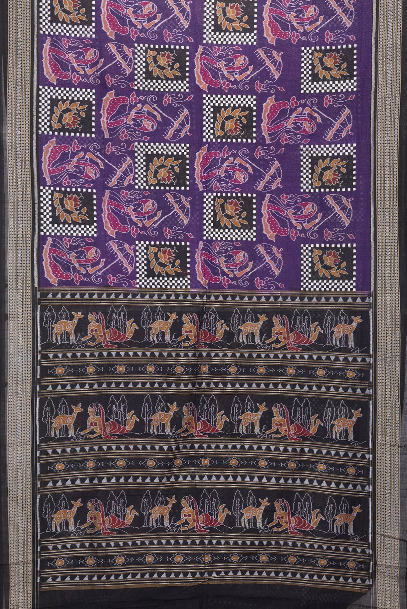 Flat view of Purple Dual Tone Double Ikat Saree with Ikat Print on the body and Thread Border. 