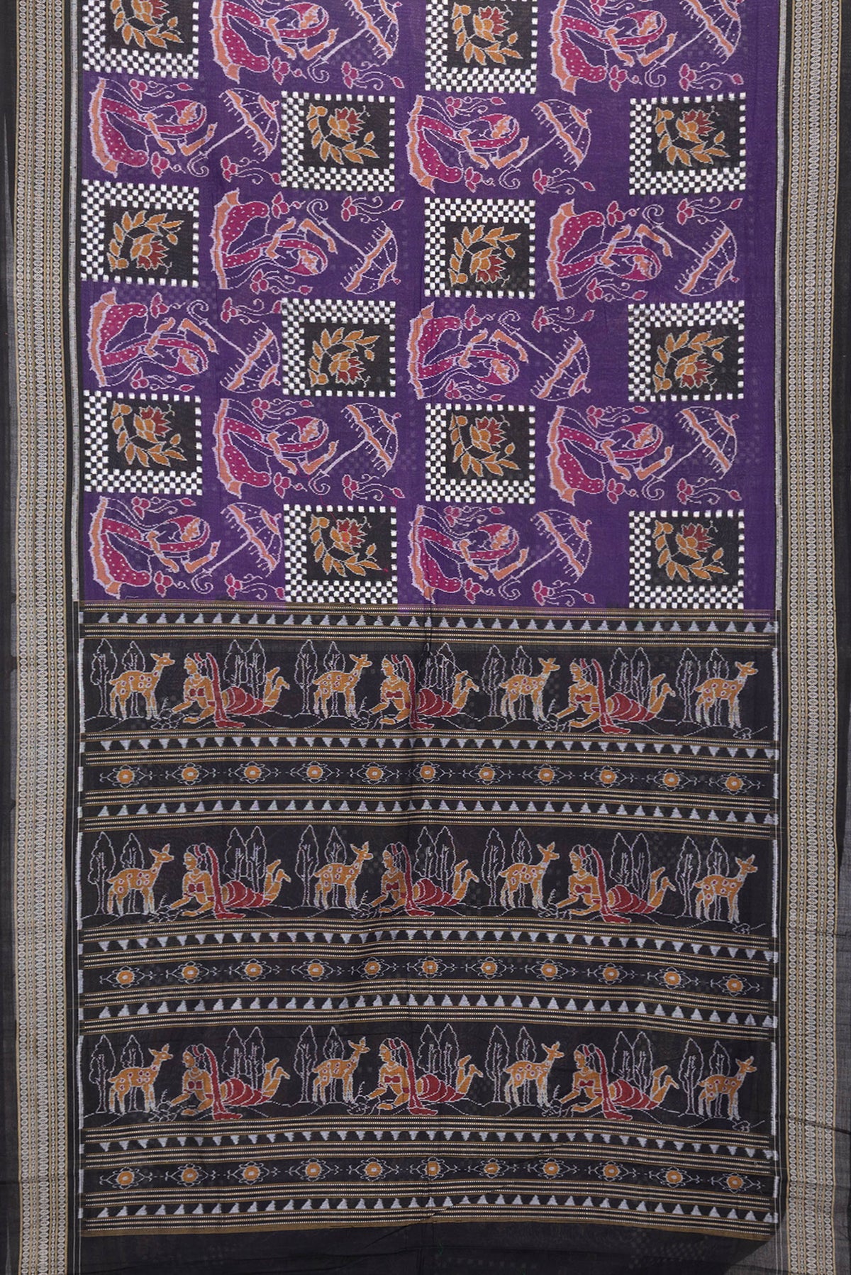 Flat view of Purple Dual Tone Double Ikat Saree with Ikat Print on the body and Thread Border. 