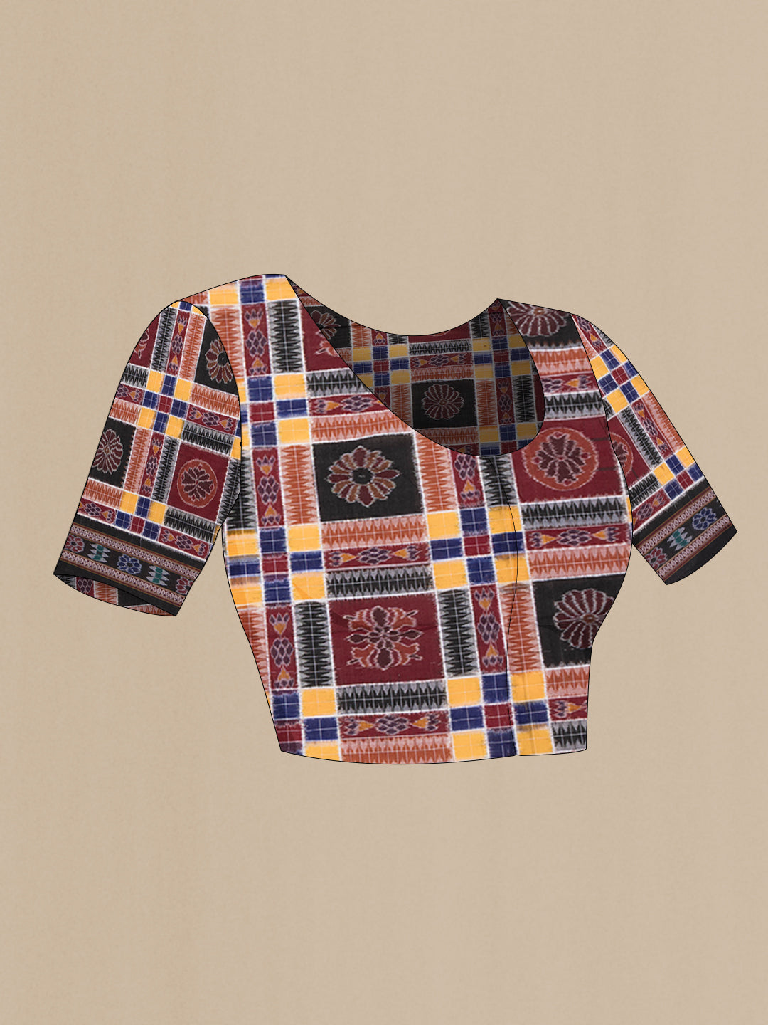 Close up image of the blouse of Black and Maroon Color Double Ikat Saree with Ikat Print on the body and Thread Border. 