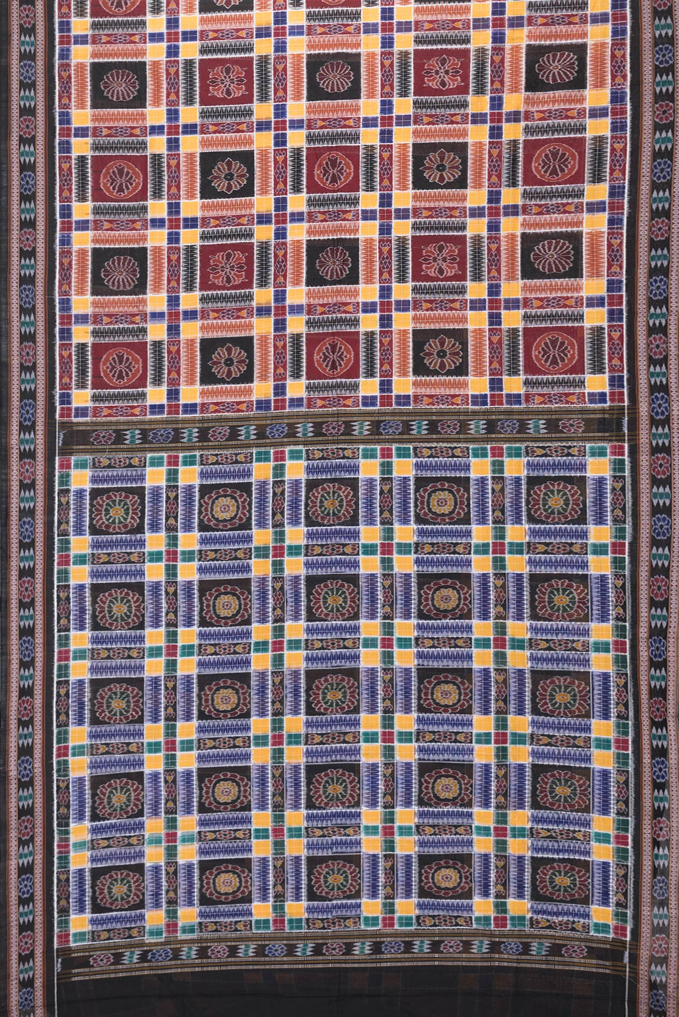 Flat view of Black and Maroon Color Double Ikat Saree with Ikat Print on the body and Thread Border. 