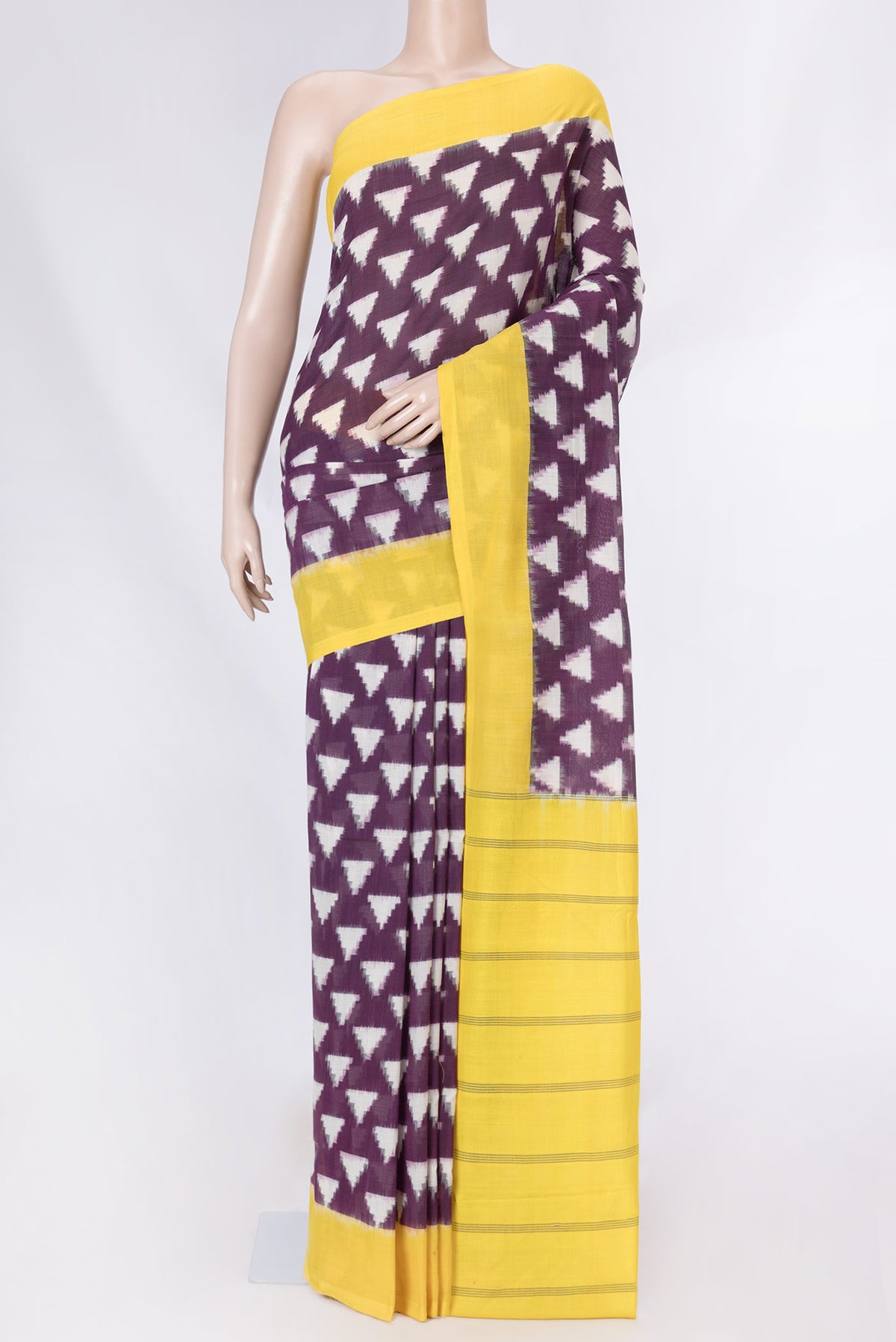 Burgundy Dual Tone Double Ikat Saree with Ikat Print on the body and Plain Border displayed on a mannequin
