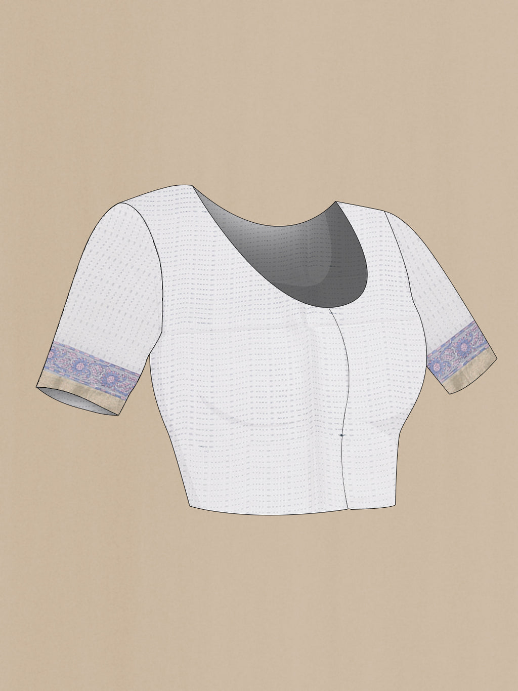 Close up image of the blouse of White Kota Silk Saree with Printed design on the body and Printed Border. 