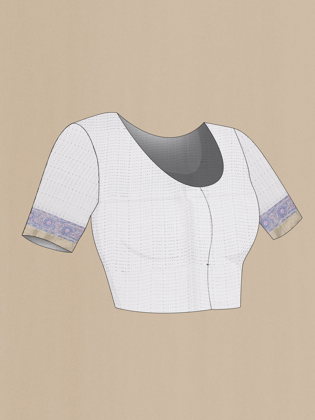 Close up image of the blouse of White Kota Silk Saree with Printed design on the body and Printed Border. 