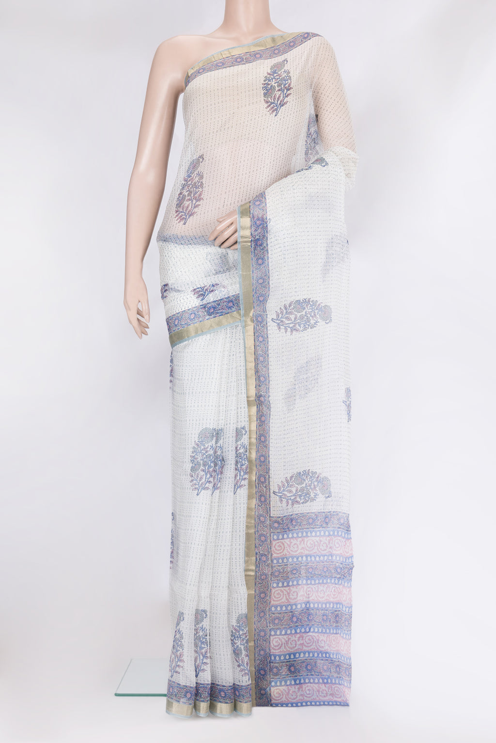 White Kota Silk Saree with Printed design on the body and Printed Border.  displayed on a mannequin