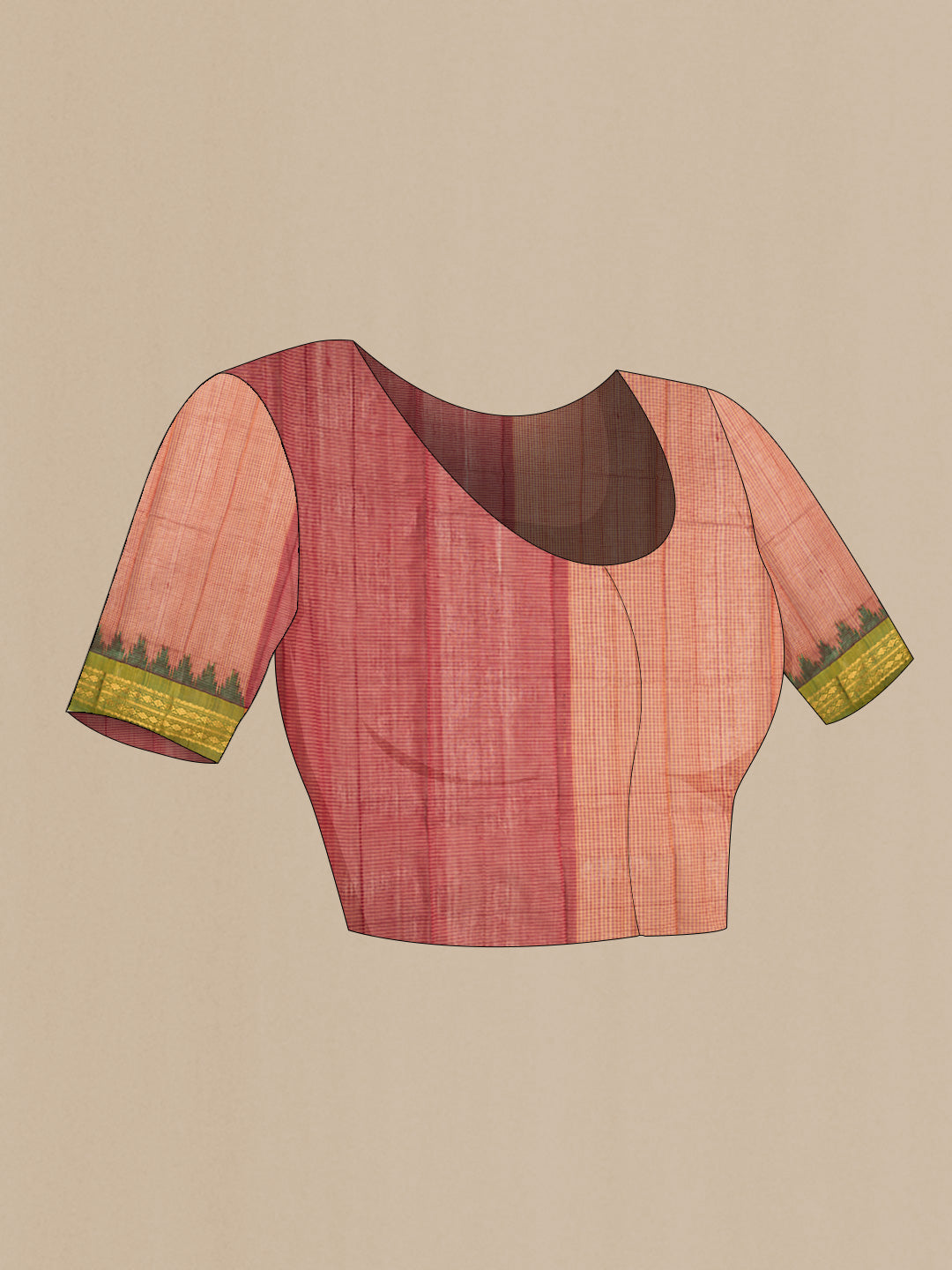 Close up image of the blouse of Maroon Dual Tone Gadwal Silk Saree with Checked design on the body and Zari Border. 