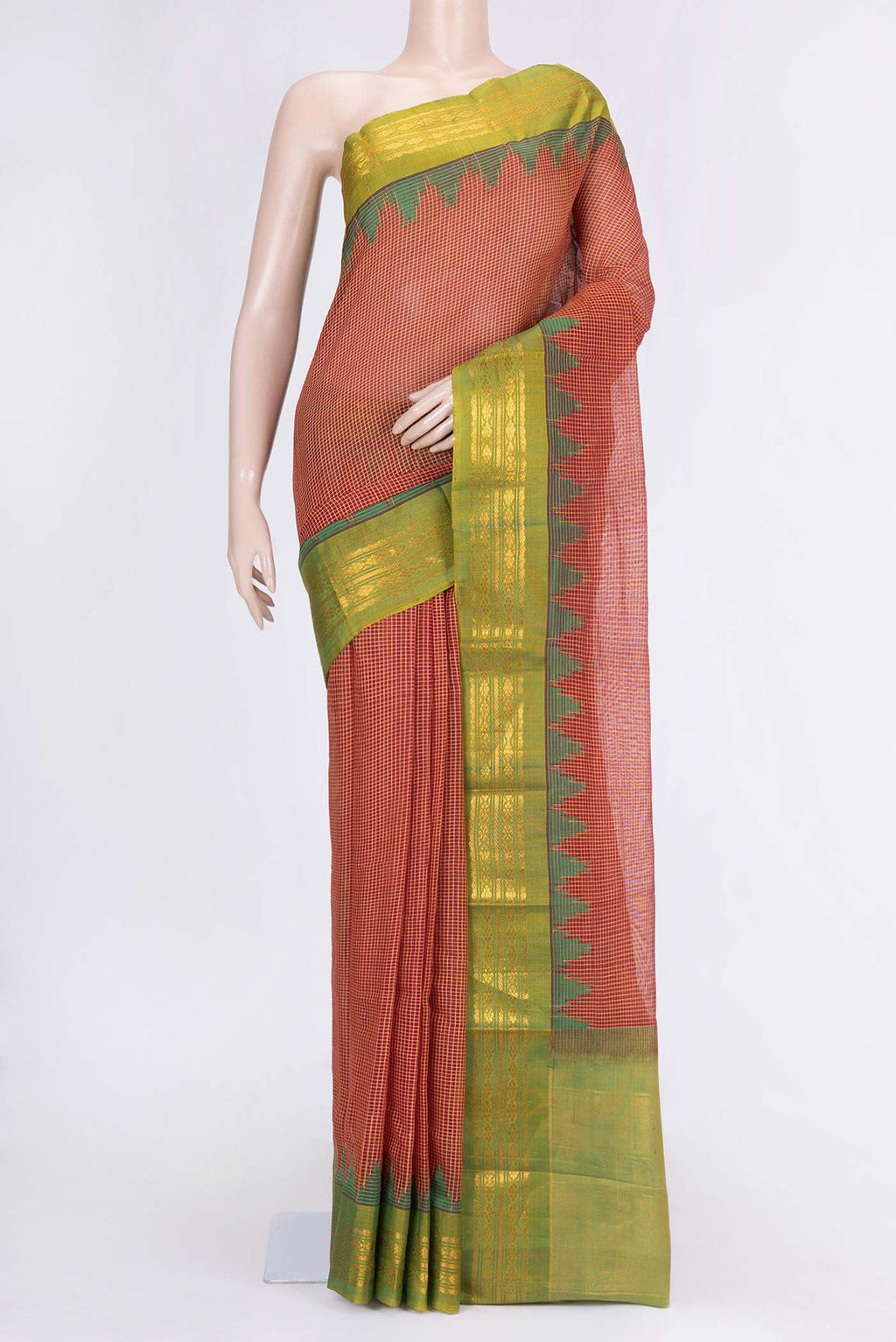 Maroon Dual Tone Gadwal Silk Saree with Checked design on the body and Zari Border.  displayed on a mannequin