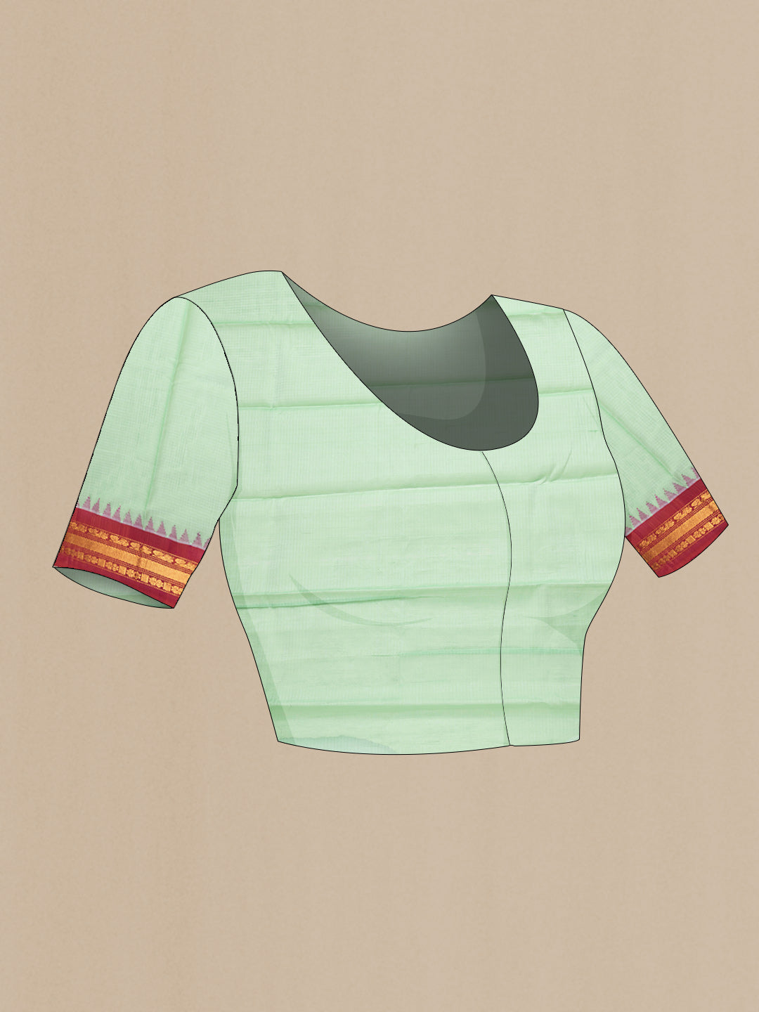 Close up image of the blouse of Pista Green Dual Tone Gadwal Silk Saree with Checked design on the body and Zari Border. 