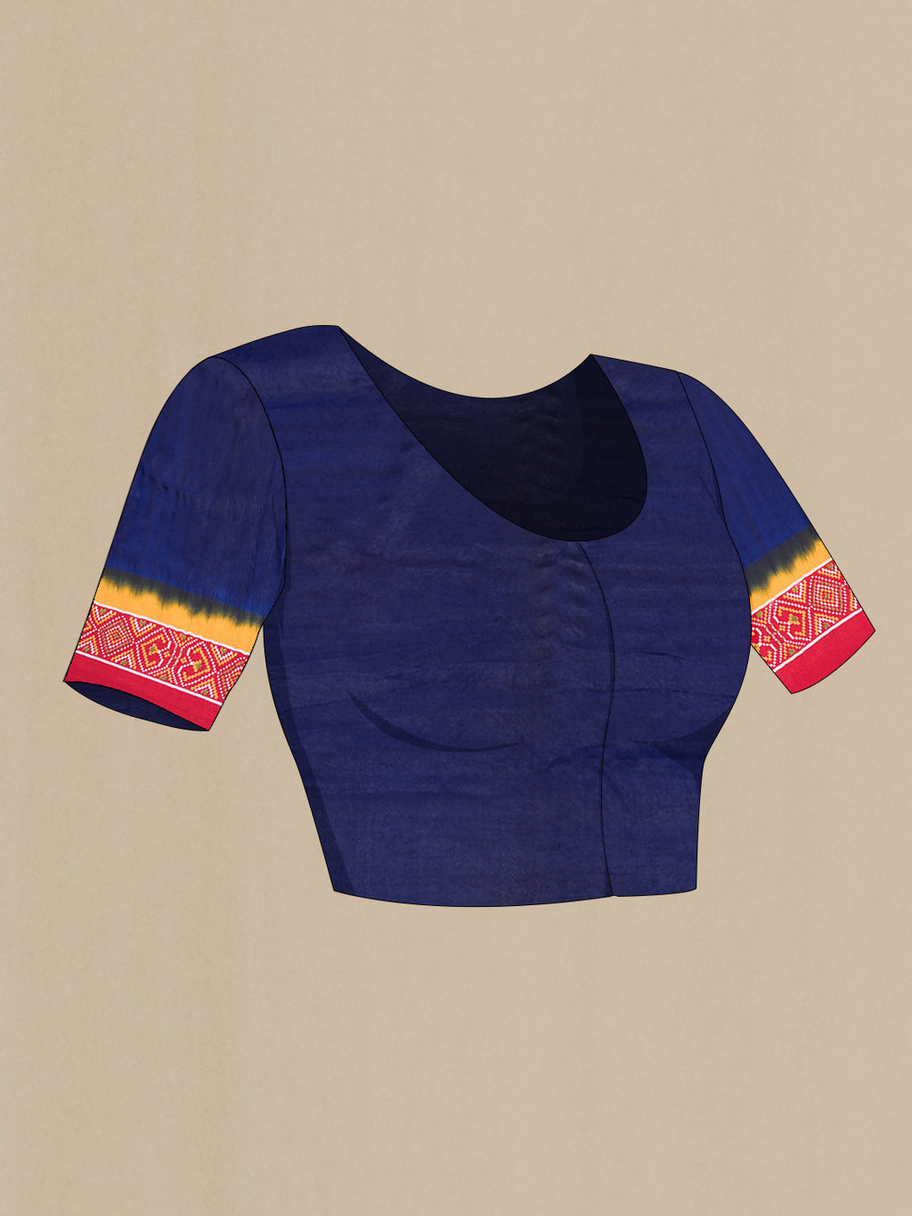 Close up image of the blouse of Blue Blended Satin Crepe Saree with Printed design on the body and Printed Border. 