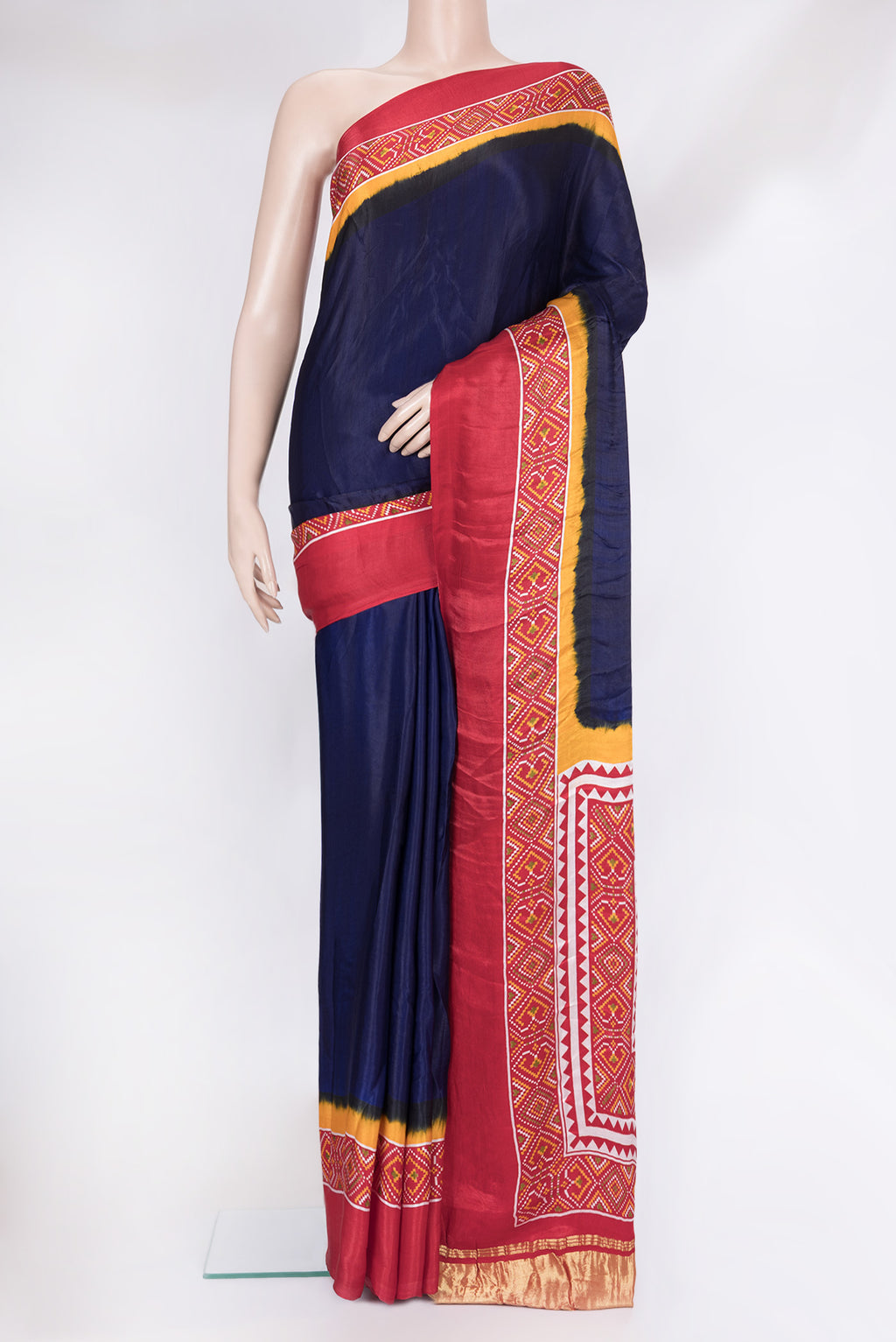 Blue Blended Satin Crepe Saree with Printed design on the body and Printed Border.  displayed on a mannequin
