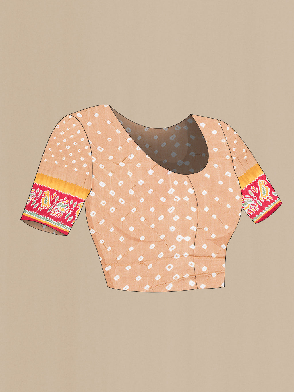 Close up image of the blouse of Beige Blended Satin Crepe Saree with Bandhani Print on the body and Printed Border. 