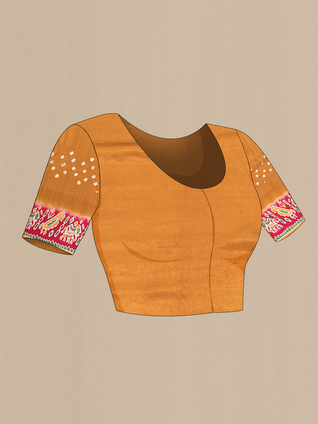 Close up image of the blouse of Mustard Blended Satin Crepe Saree with Bandhani Print on the body and Printed Border. 