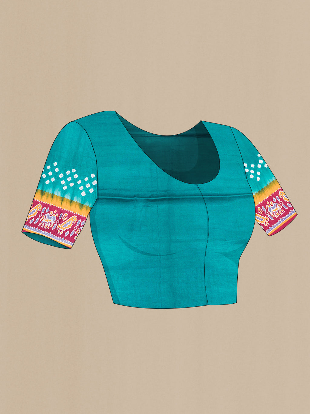 Close up image of the blouse of Blue Blended Satin Crepe Saree with Bandhani Print on the body and Printed Border. 