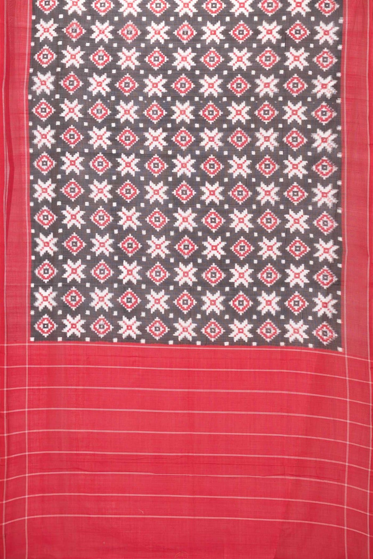 Flat view of Black Dual Tone Double Ikat Saree with Ikat Print on the body and Plain Border