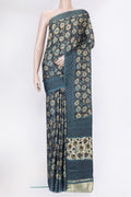 Black Blended Satin Crepe Saree with Printed design on the body and Printed Border.  displayed on a mannequin