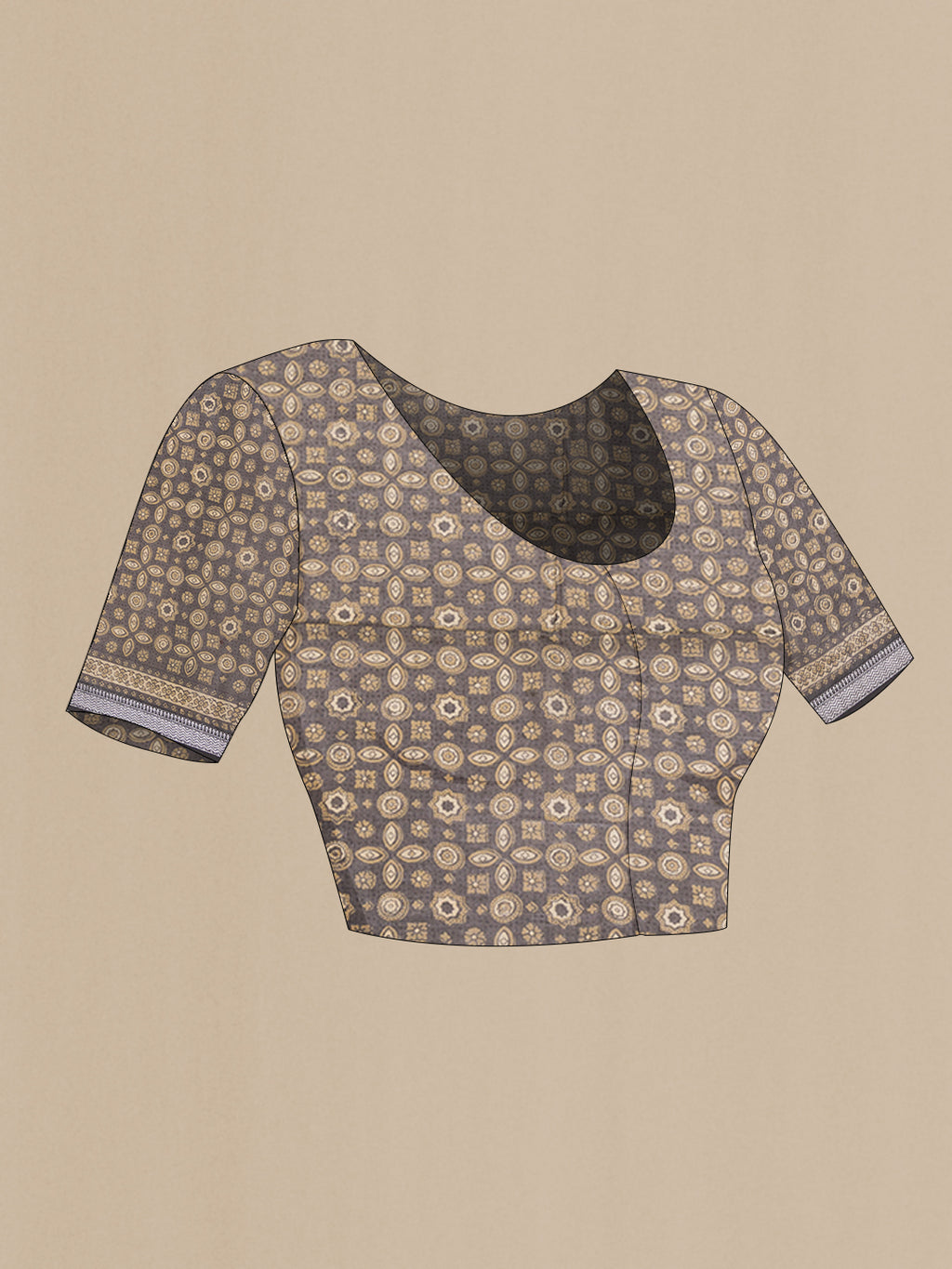 Close up image of the blouse of Brown Chanderi Silk Cotton Saree with Printed design on the body and Zari Border. 