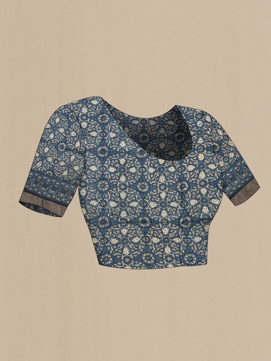 Close up image of the blouse of Blue Grey Dual Tone Tussar Silk Saree with Printed design on the body and Zari Border. 