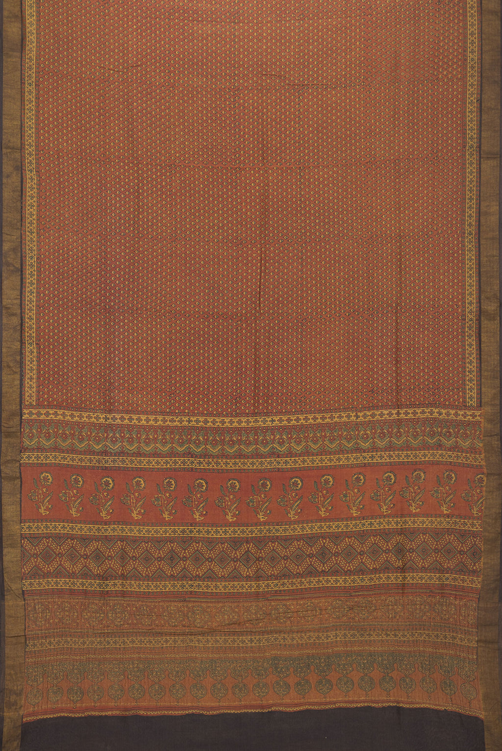 Flat view of Pure Silk Maroon Dual Tone Tussar Saree with Printed design on the body and Zari Border. 
