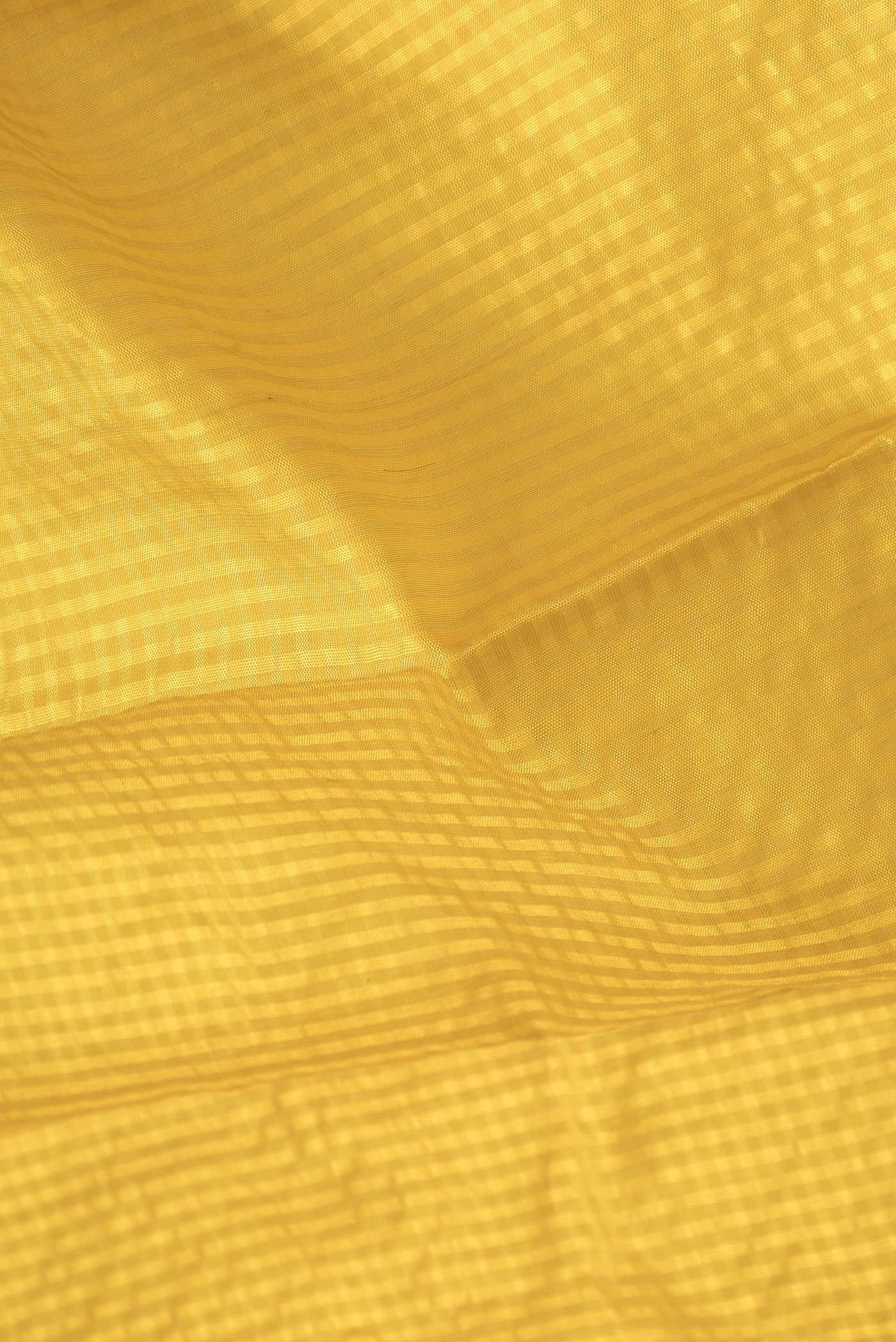 Close up of Yellow Dual Tone Gadwal Silk Saree with Checked design on the body and Thread Border.  displaying folds