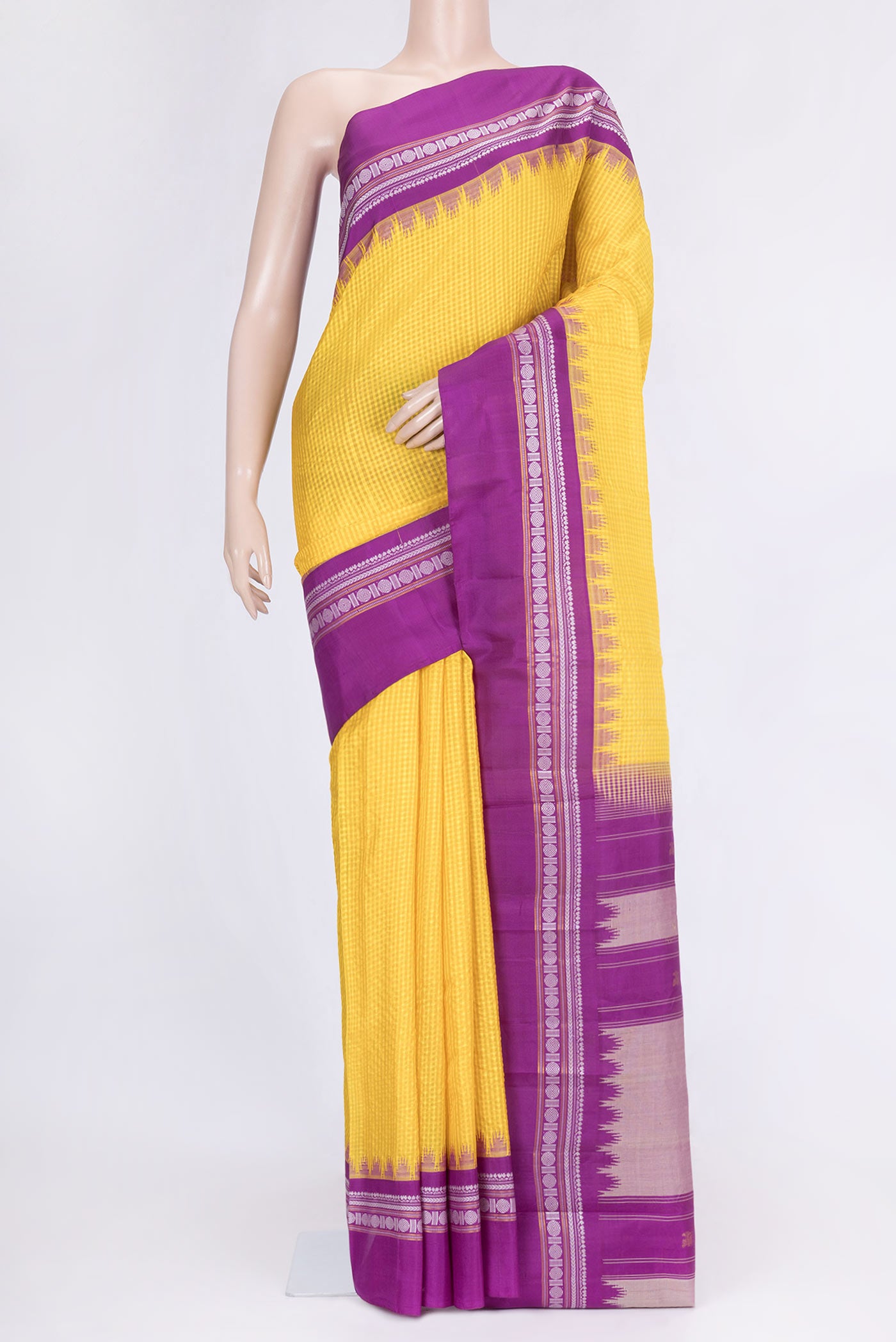 Yellow Dual Tone Gadwal Silk Saree with Checked design on the body and Thread Border.  displayed on a mannequin