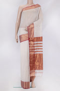 Off White Maheshwari Silk Cotton Saree with Zari Butta on the body and Zari Border.  displayed on a mannequin