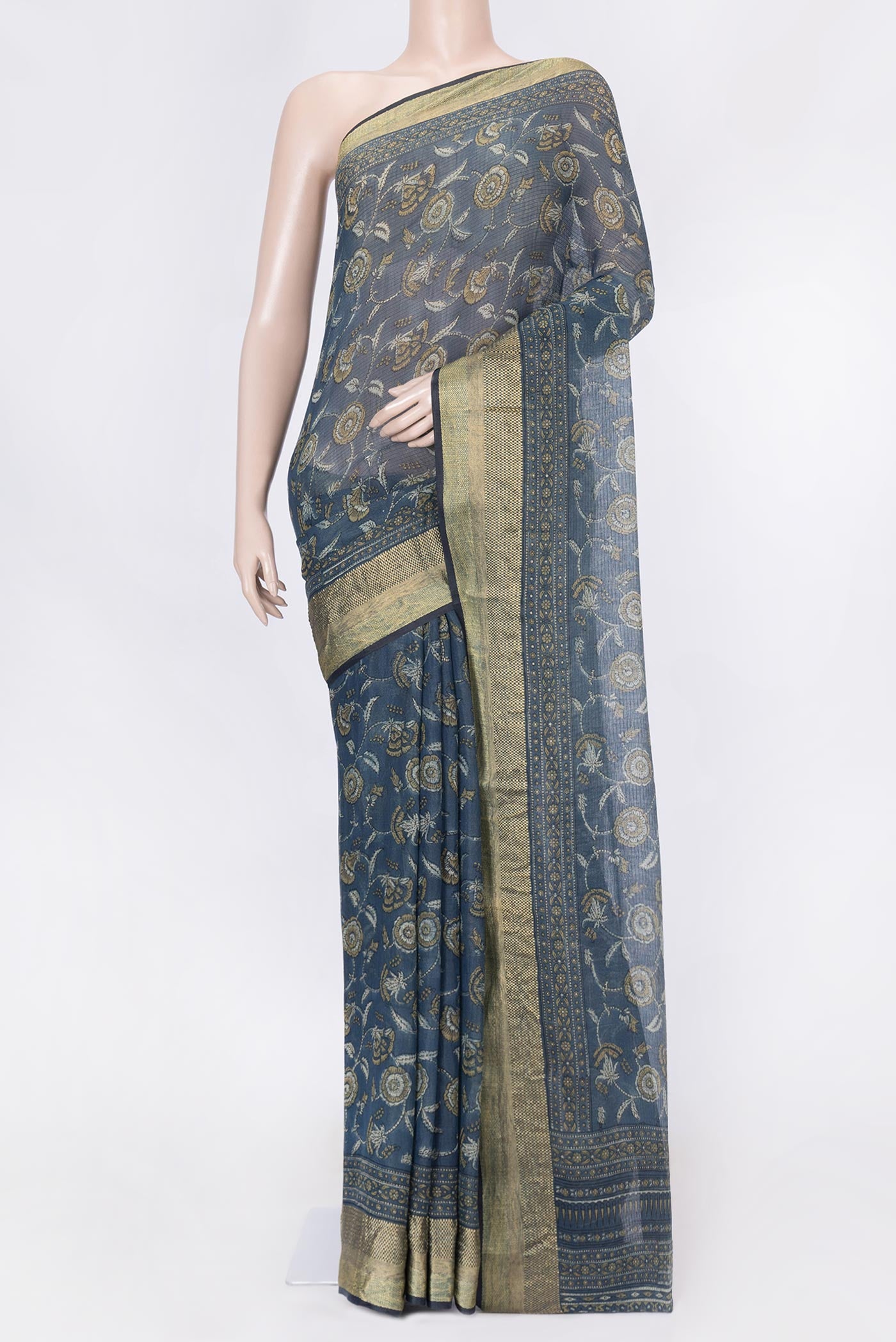 Blue Dual Tone Kota Silk Saree with Printed design on the body and Zari Border displayed on a mannequin