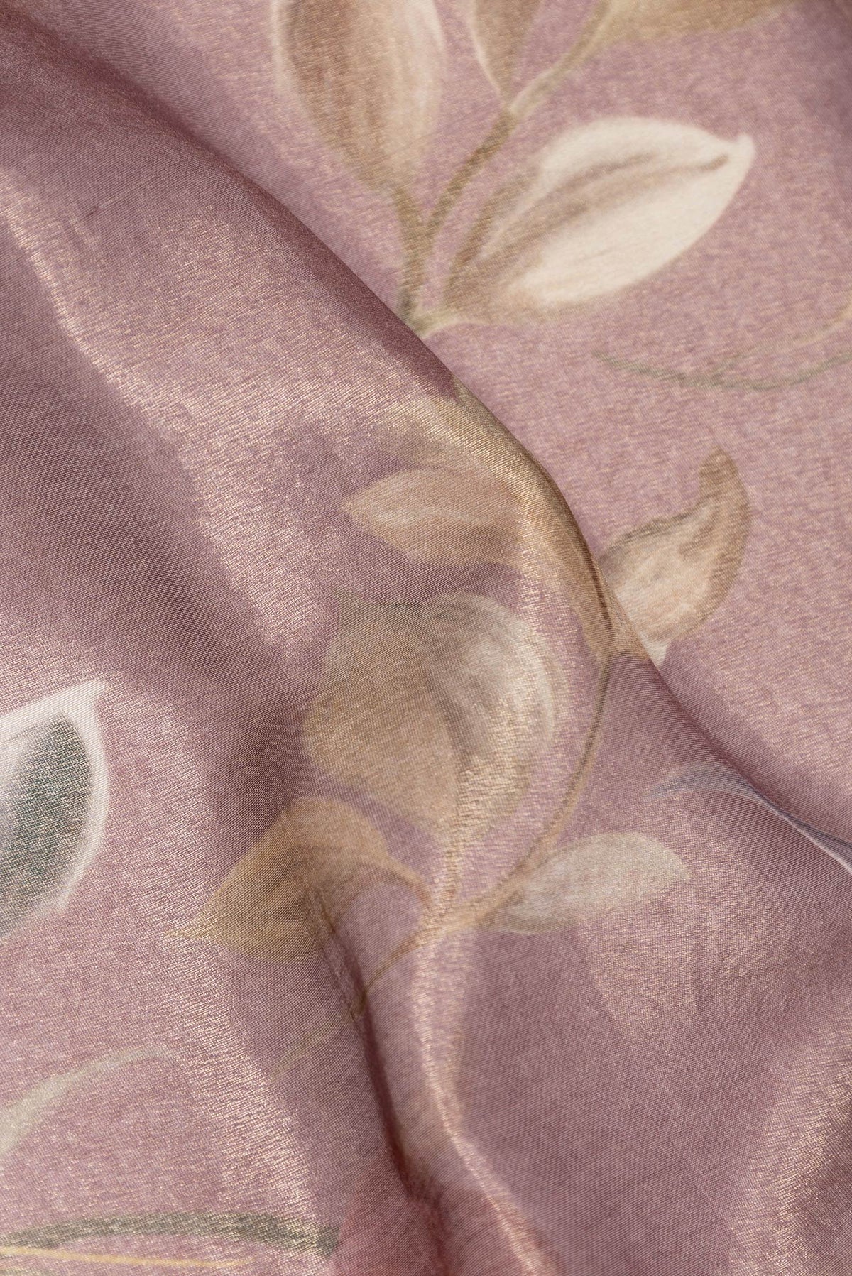 Close up of Rose Gold Dual Tone Organza Silk Saree with Printed design on the body and Zari Border.  displaying folds