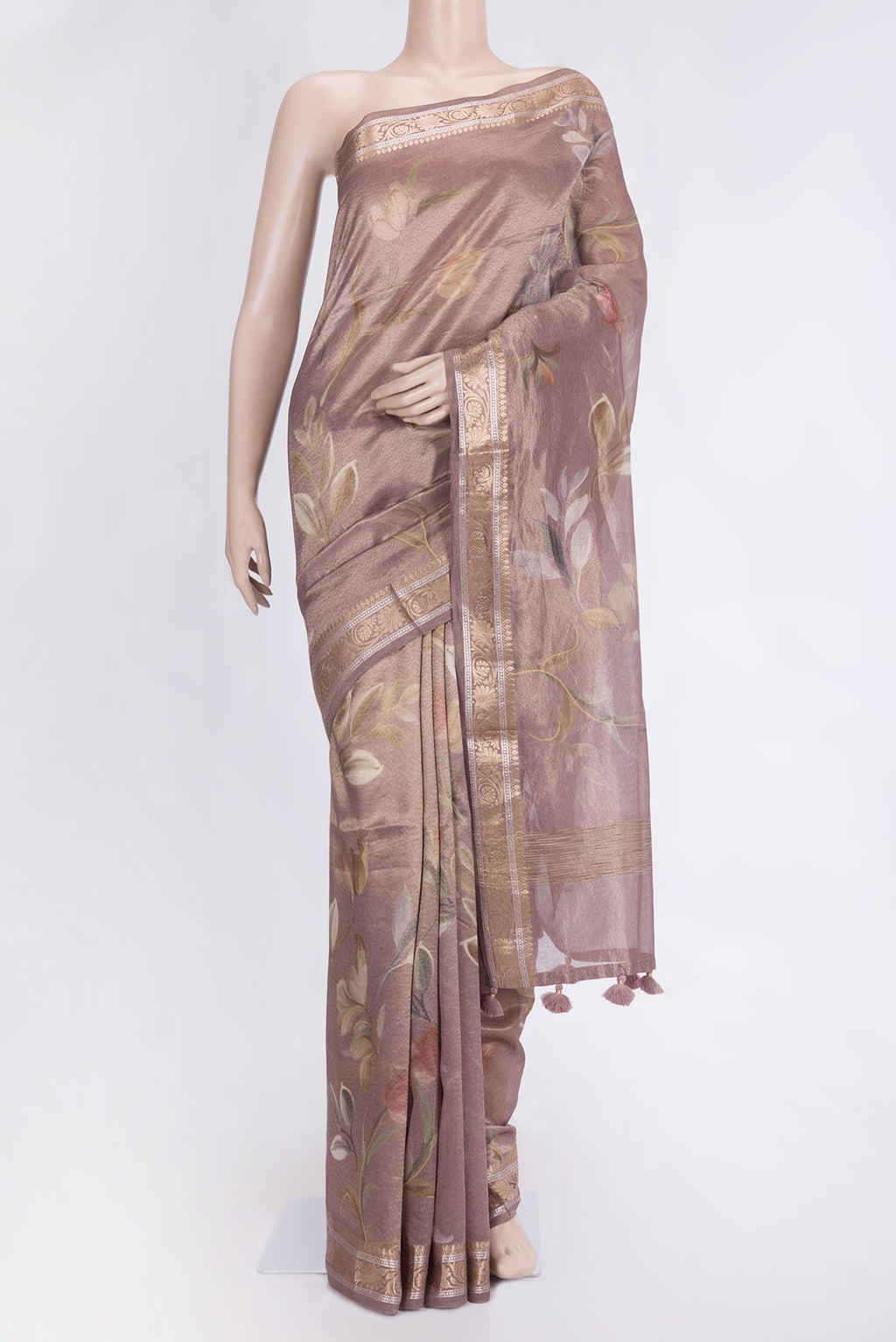 Rose Gold Dual Tone Organza Silk Saree with Printed design on the body and Zari Border.  displayed on a mannequin