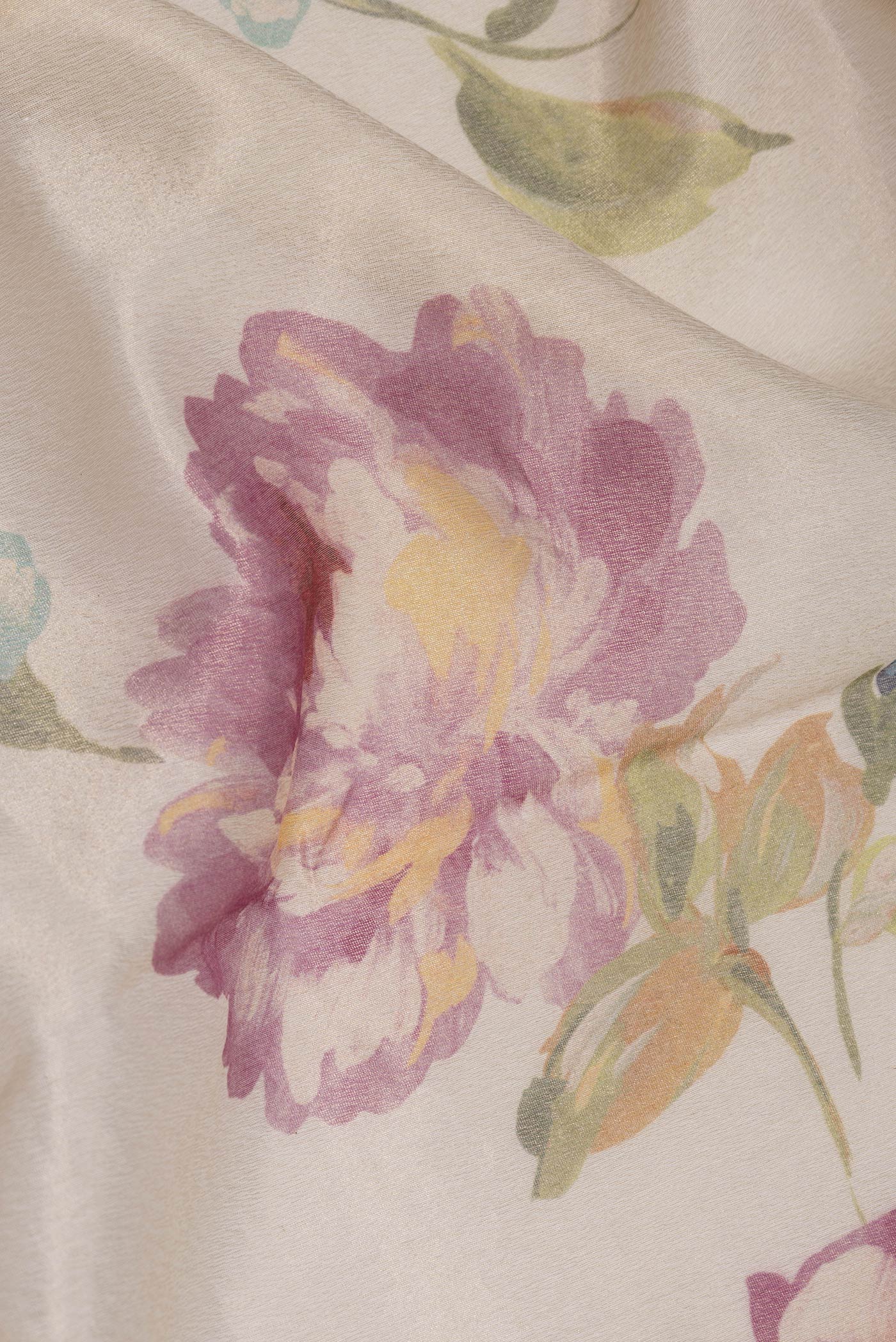 Close up of Beige Dual Tone Organza Silk Saree with Printed design on the body and Zari Border.  displaying folds