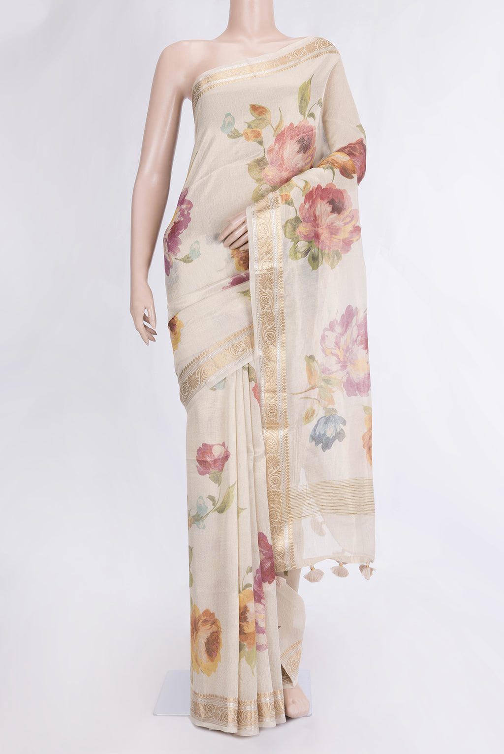 Beige Dual Tone Organza Silk Saree with Printed design on the body and Zari Border.  displayed on a mannequin