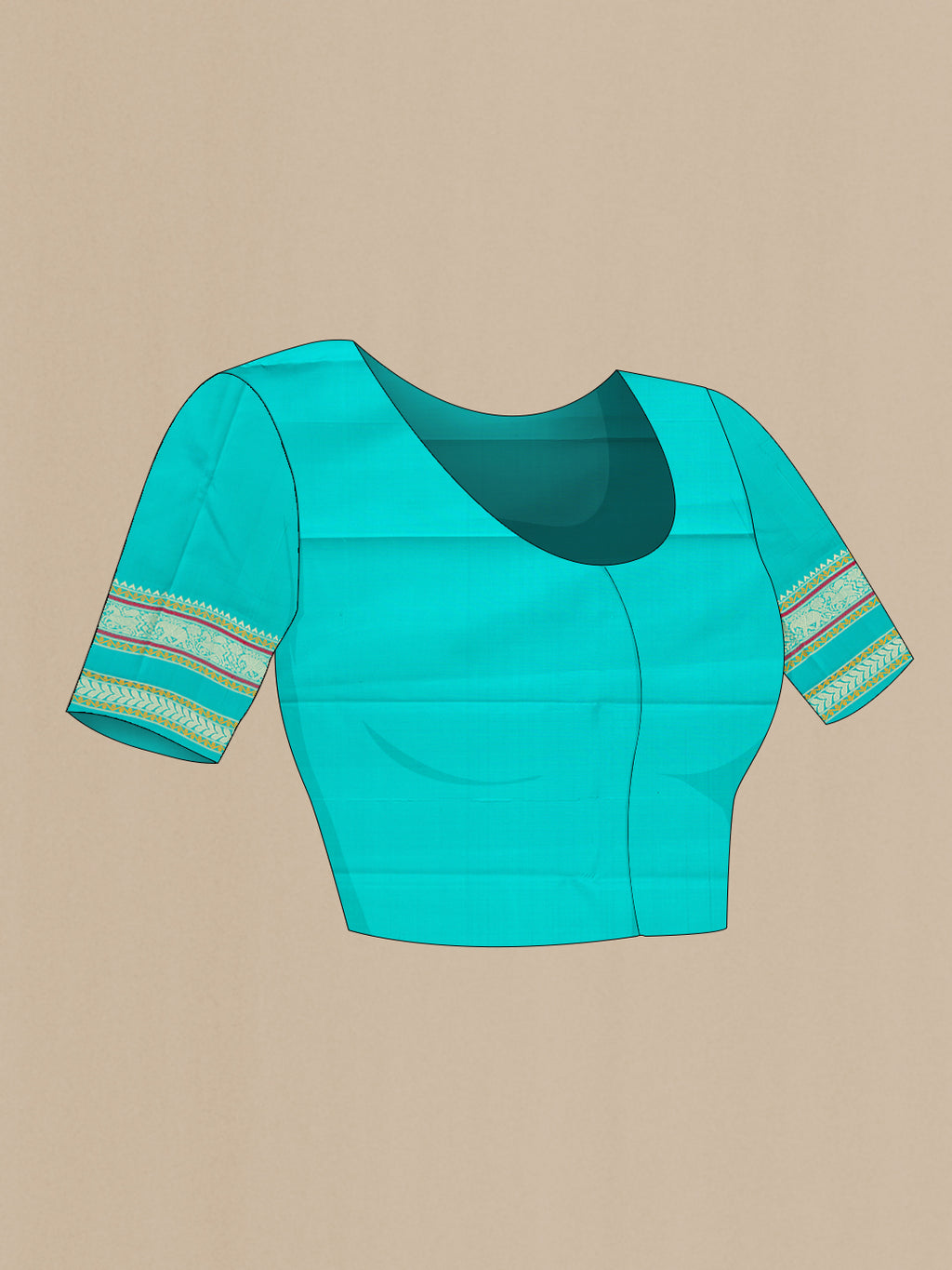 Close up image of the blouse of Sandal Kanjivaram Silk Saree with Checked design on the body and Thread Border. 