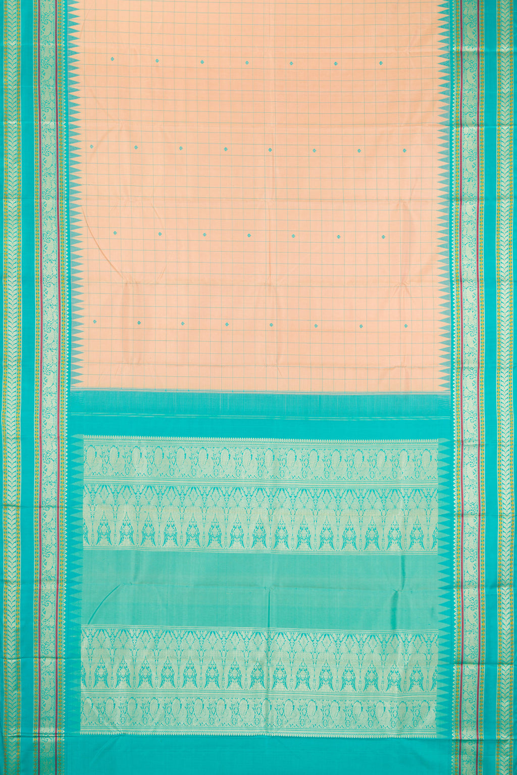 Flat view of Sandal Kanjivaram Silk Saree with Checked design on the body and Thread Border. 