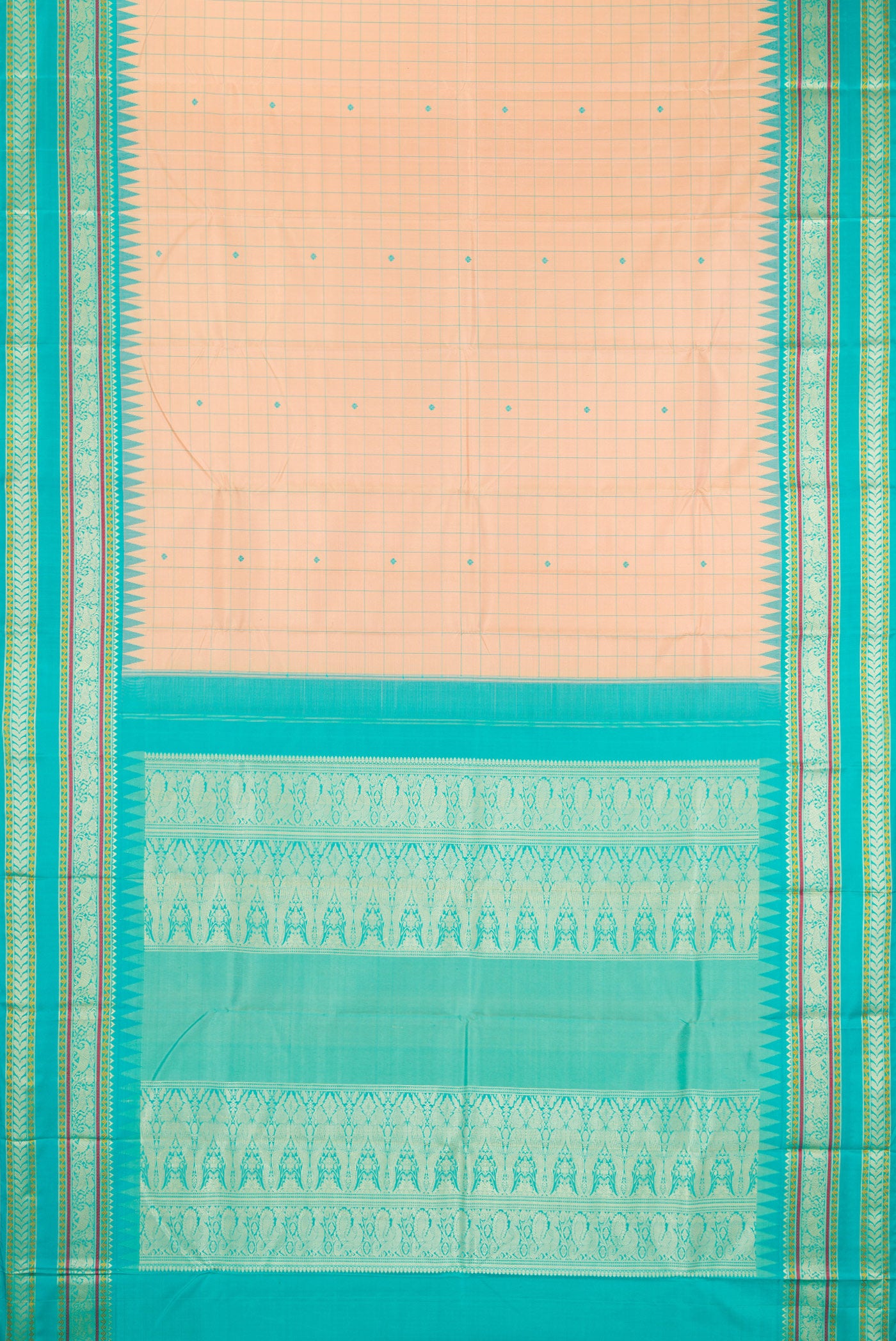 Flat view of Sandal Kanjivaram Silk Saree with Checked design on the body and Thread Border. 