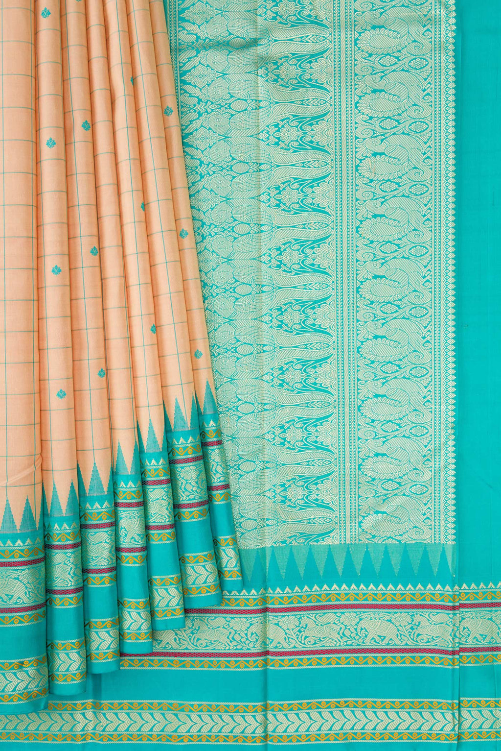 Pleats and pallu of Sandal Kanjivaram Silk Saree with Checked design on the body and Thread Border. 