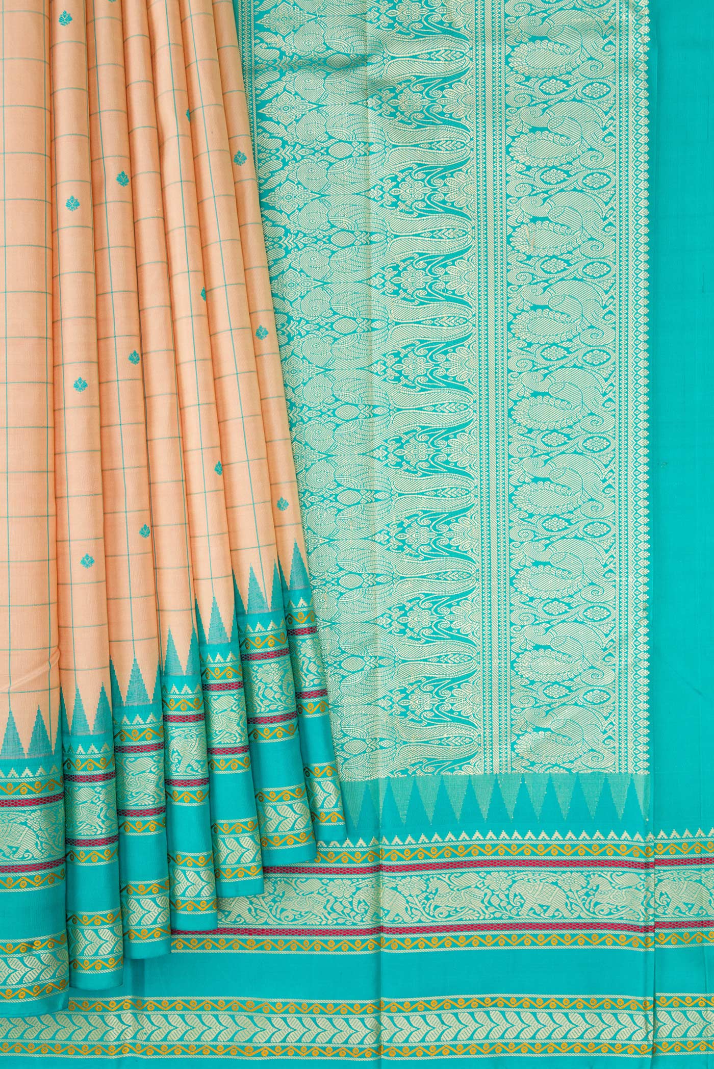 Pleats and pallu of Sandal Kanjivaram Silk Saree with Checked design on the body and Thread Border. 