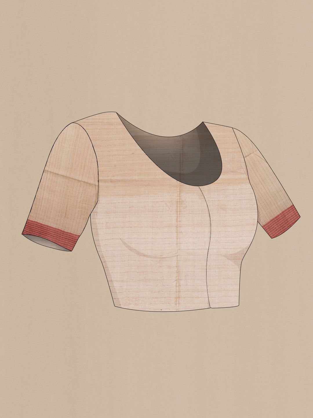 Close up image of the blouse of Beige Tussar Silk Saree with Thread Butta on the body and Plain Border. 
