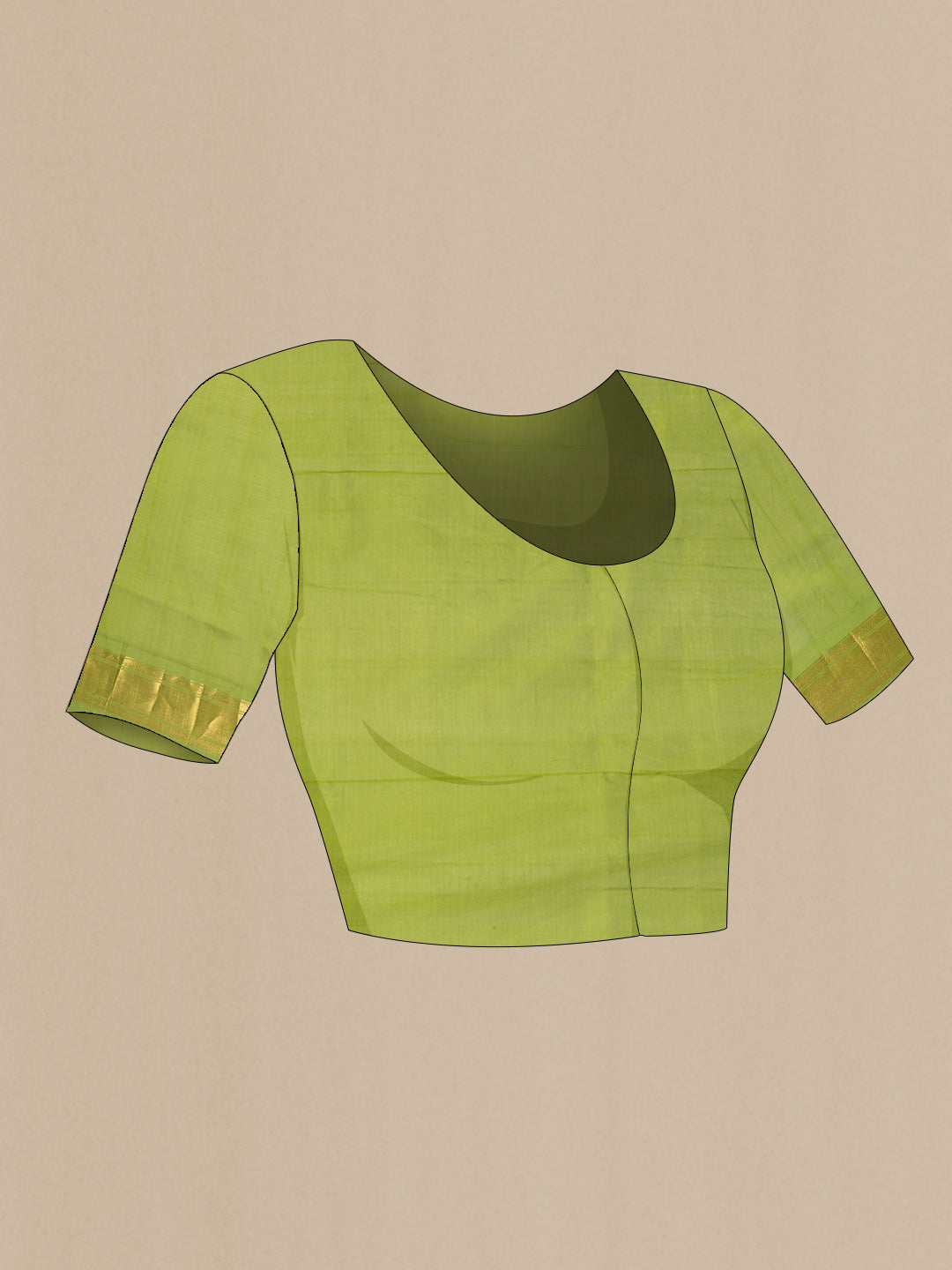 Close up image of the blouse of Green and Pink Color Silk Cotton Saree with Stripes on the body and Zari Border. 