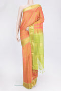 Green and Pink Color Silk Cotton Saree with Stripes on the body and Zari Border.  displayed on a mannequin