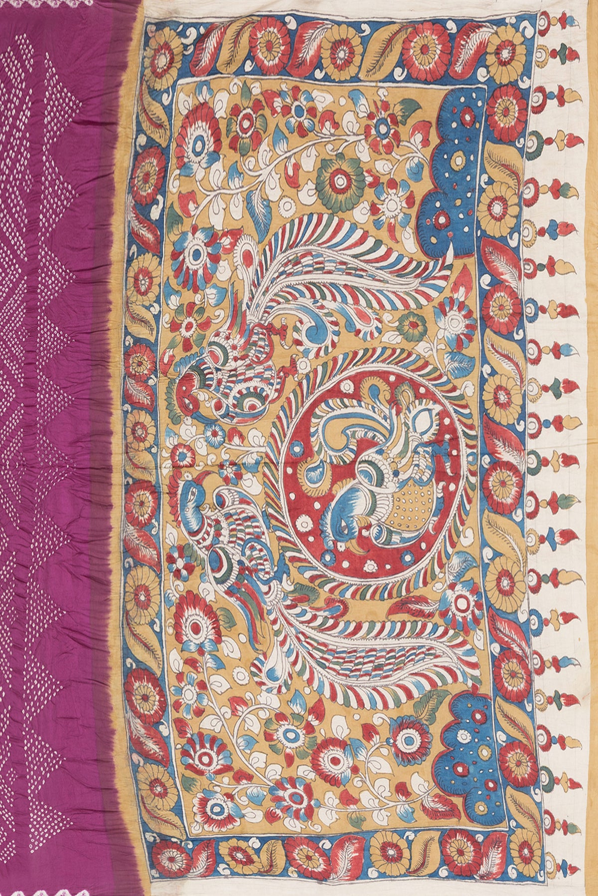 Flat view of Pure Silk Magenta Bandhani Saree with Bandhani Print on the body and Without Border. 