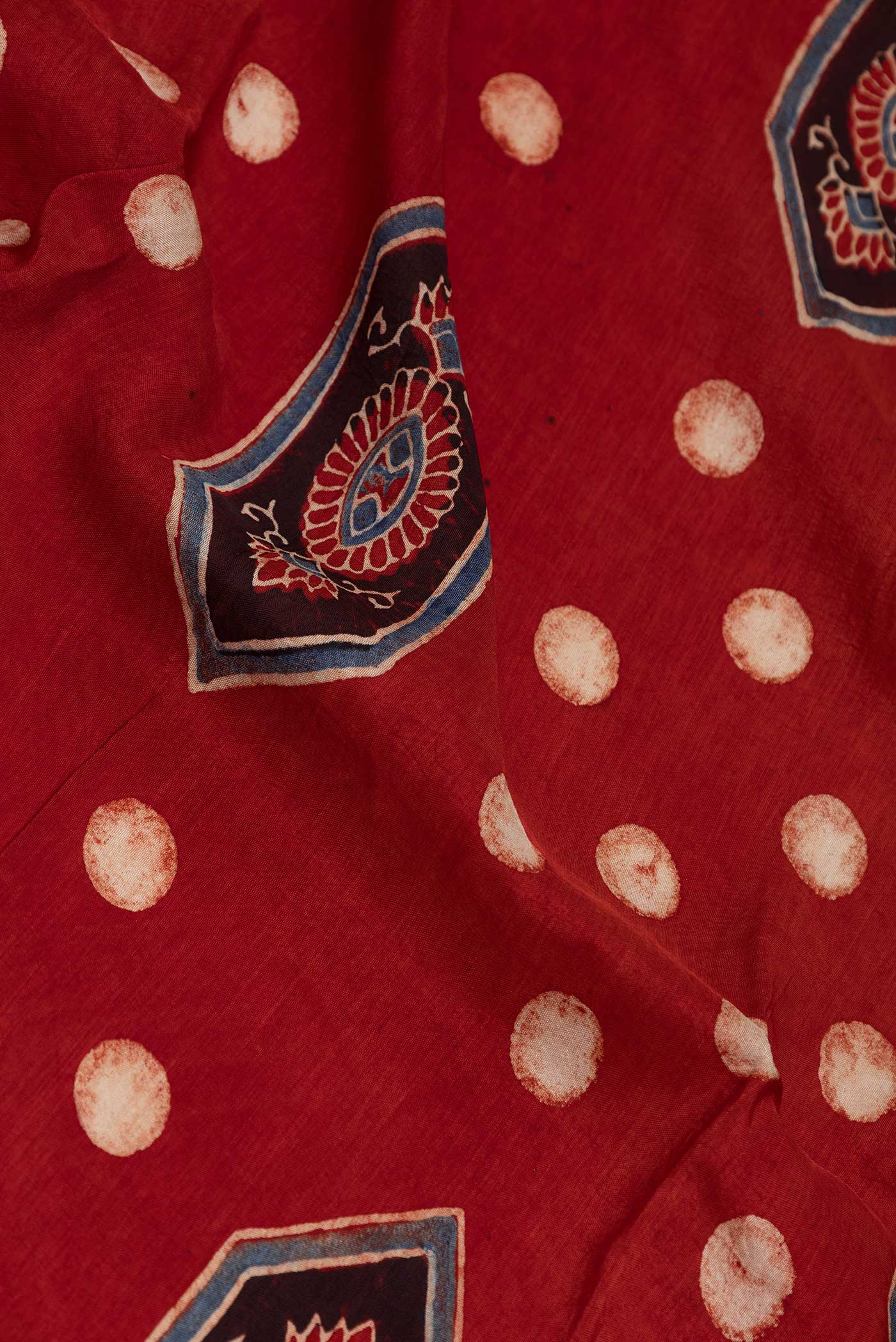 Close up of Maroon Dual Tone Tussar Silk Saree with Printed design on the body and Zari Border displaying folds