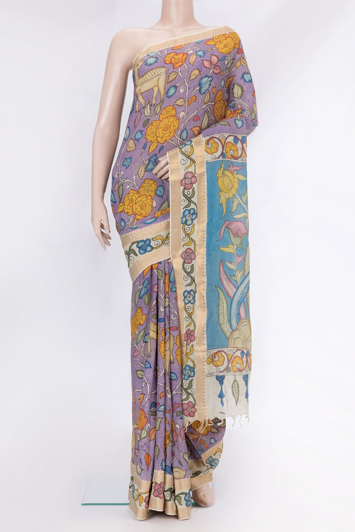 Lavender Dual Tone Tussar Silk Saree with kalamkari Print on the body and Fancy Border.  displayed on a mannequin