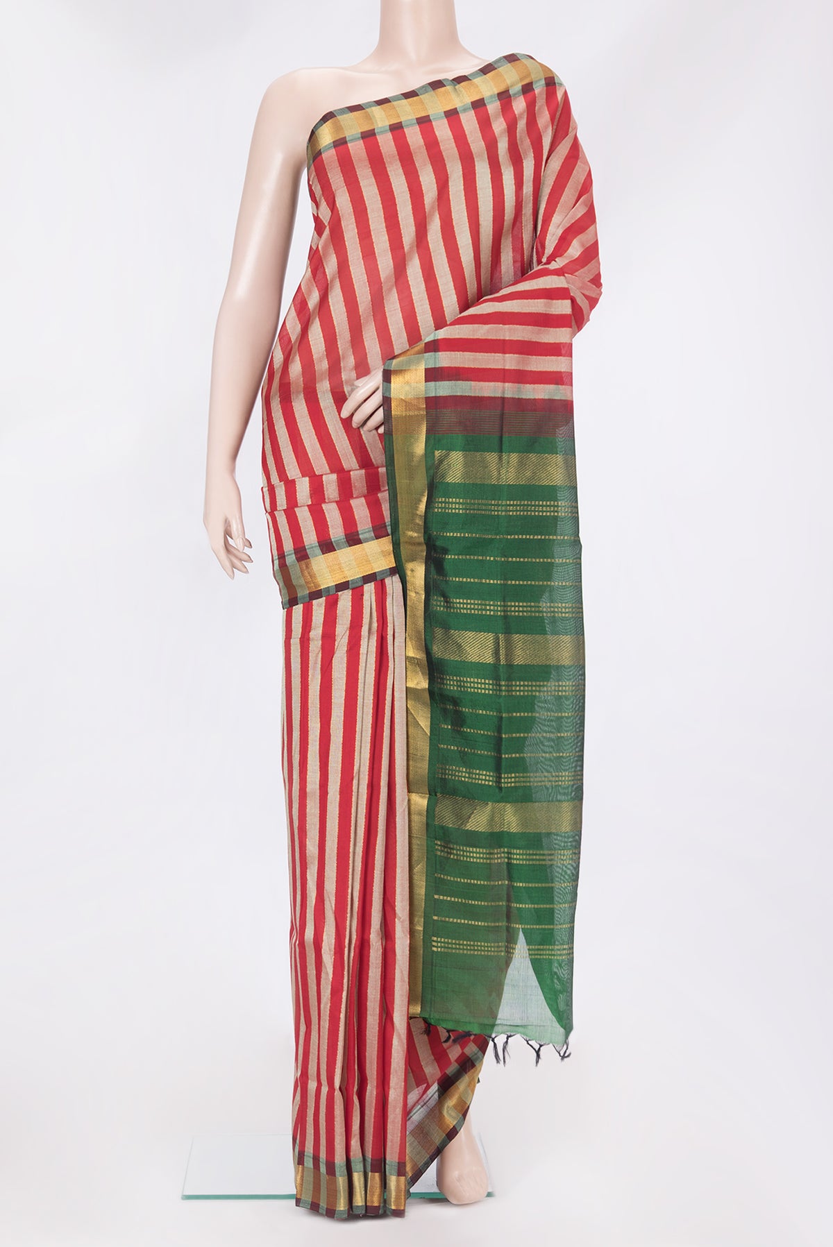 Red Silk Cotton Saree with Stripes on the body and Zari Border.  displayed on a mannequin